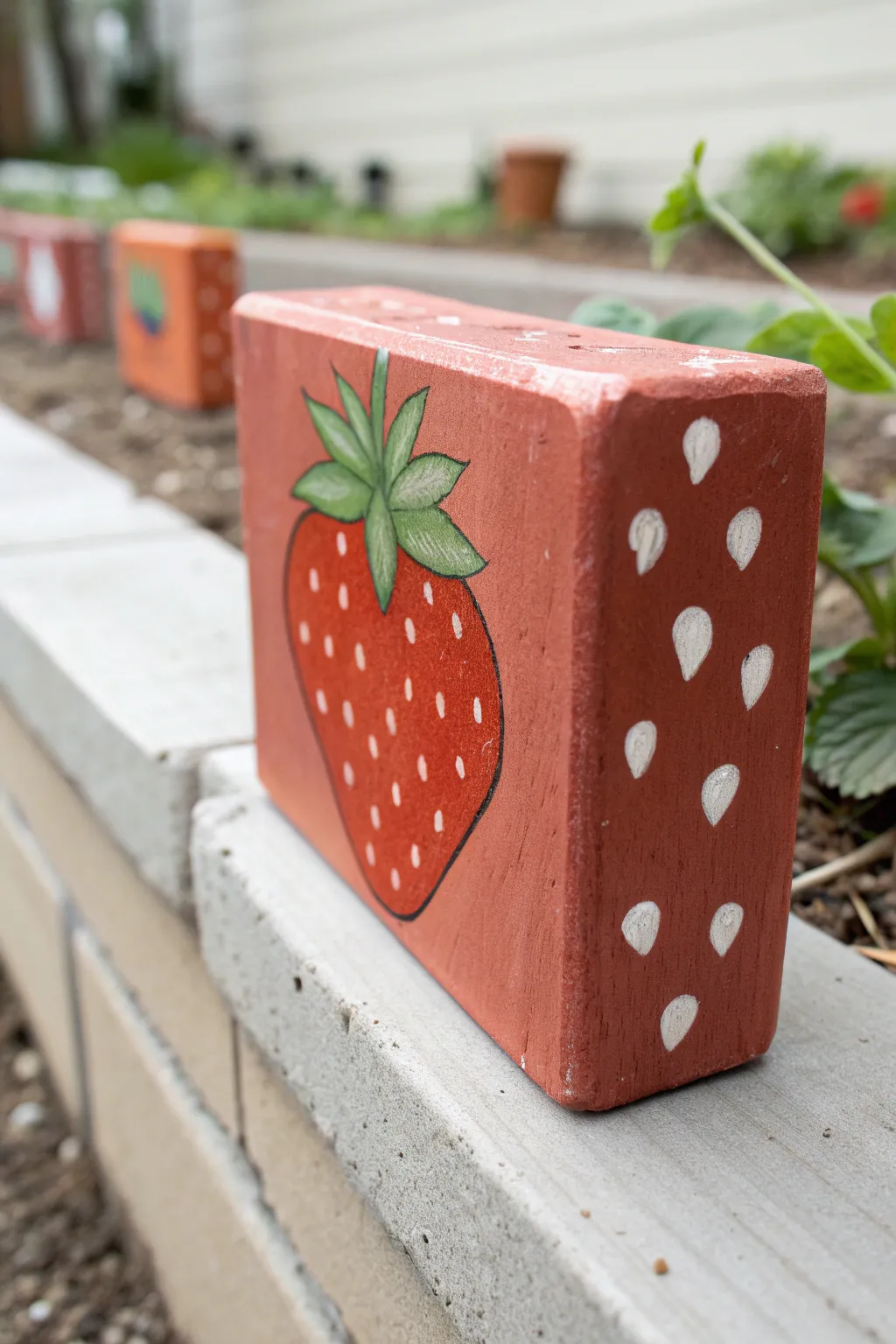 Paint a strawberry brick centerpiece to brighten raised beds with sweet Scandinavian boho charm.