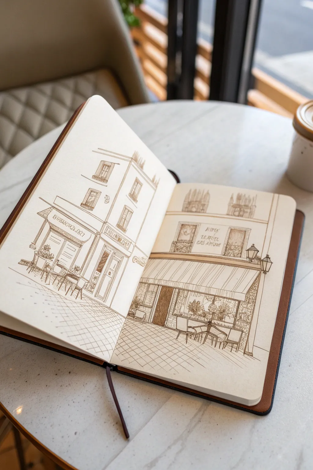 Minimal brown ink line-and-wash café sketch idea with soft sepia shadows and loose figures