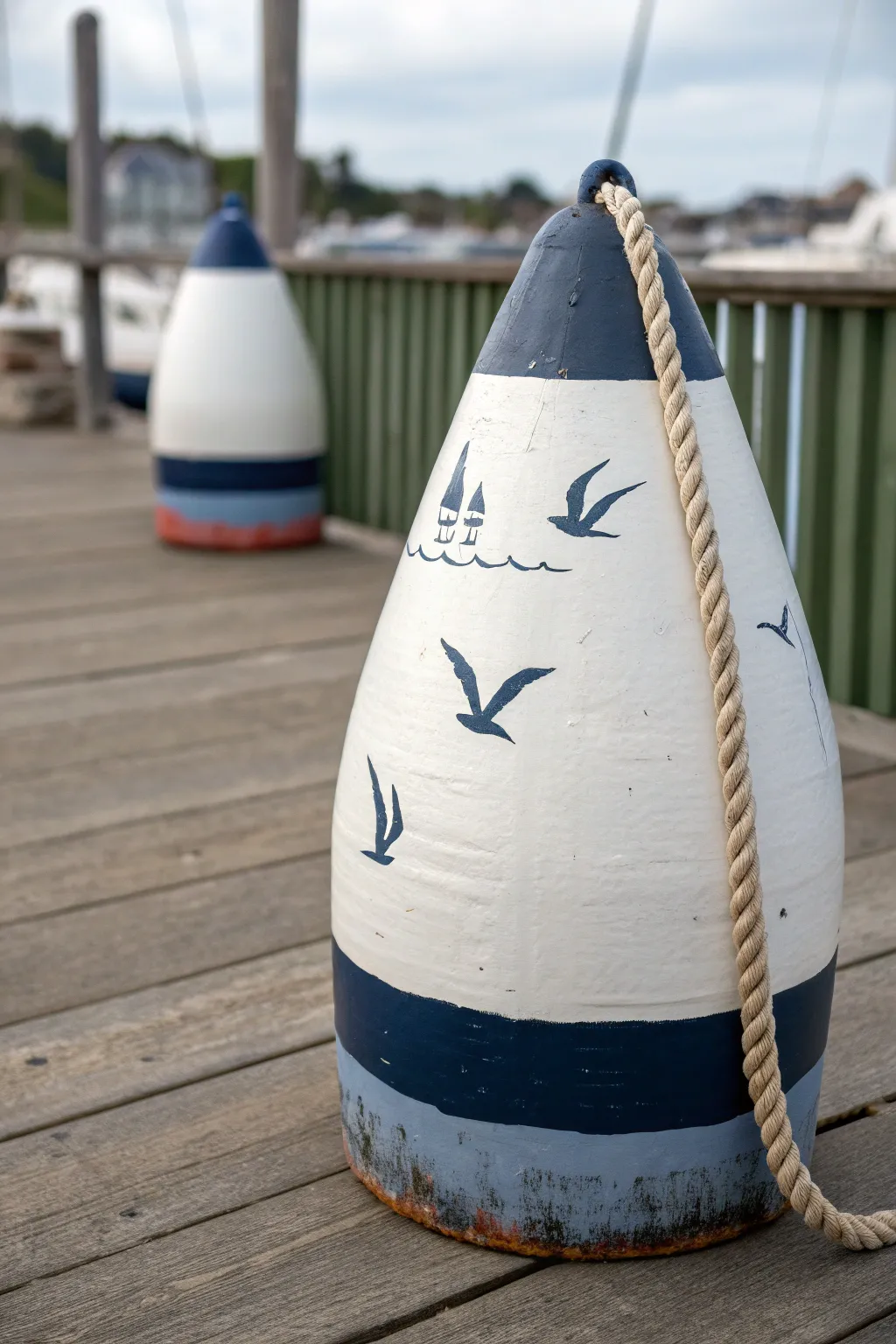Minimal buoy art: crisp horizon stripe and airy seagulls for calm coastal Scandinavian vibes