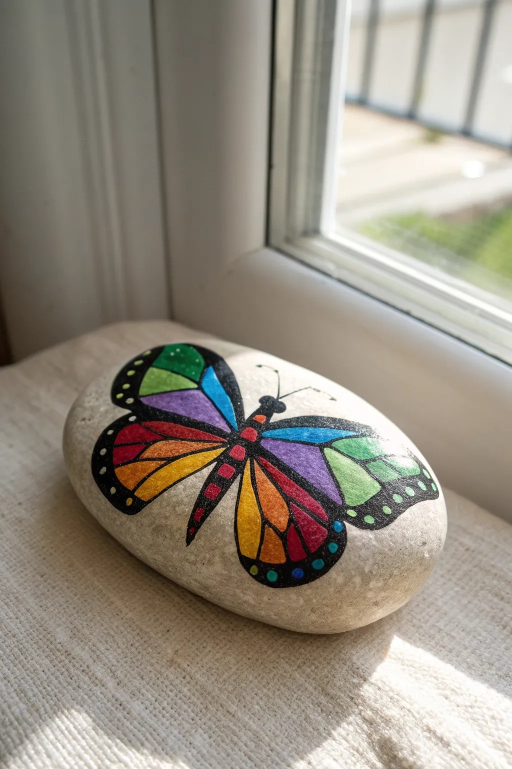 Bold black leading lines and jewel-tone segments make this stained-glass butterfly rock pop.