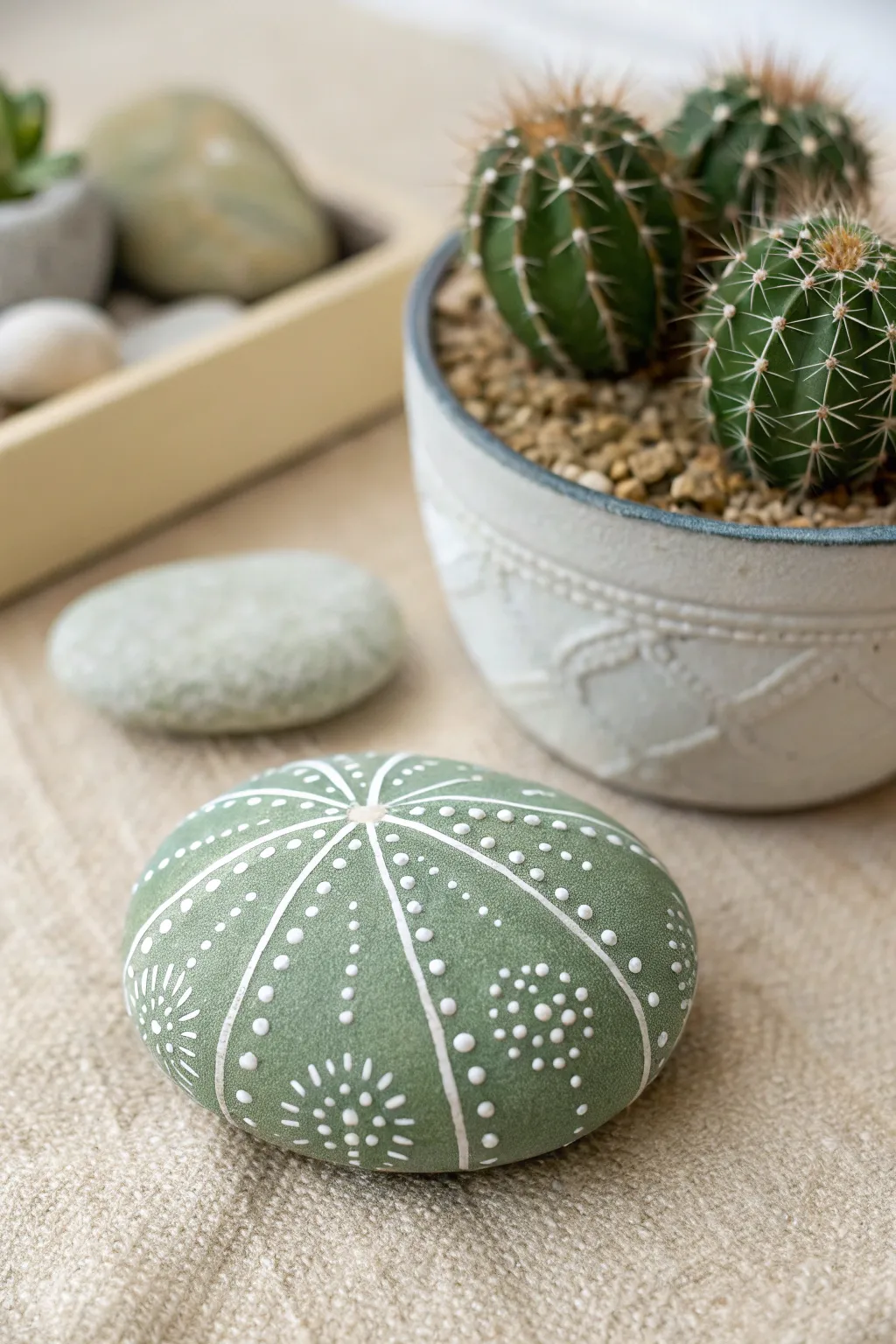 Add crisp cactus texture with paint-pen lines and dots on a smooth green rock, today.