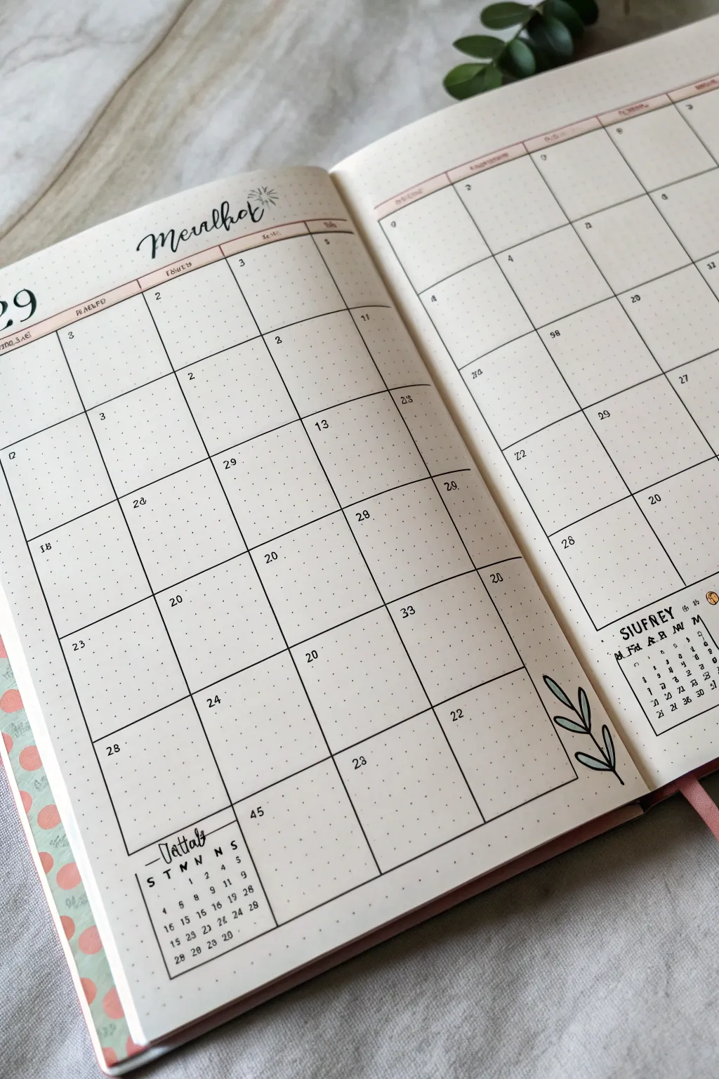 Minimal two-page monthly spread: clean grid left, roomy notes right with soft boho doodles