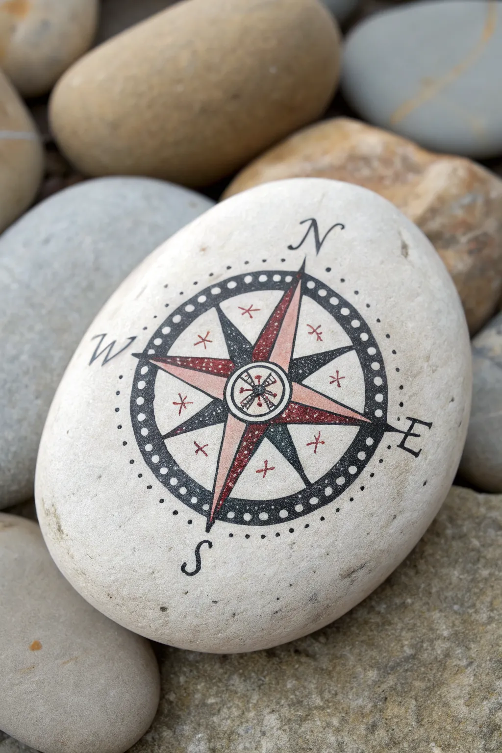 Minimal compass rose painted rock badge, a calm Scandinavian boho camping craft idea