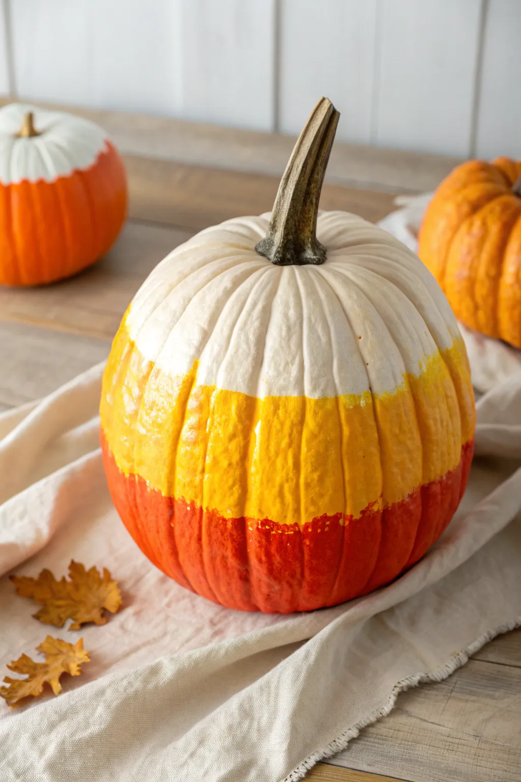 Bold candy corn bands with juicy brushstrokes, a cozy minimalist pumpkin painting idea.