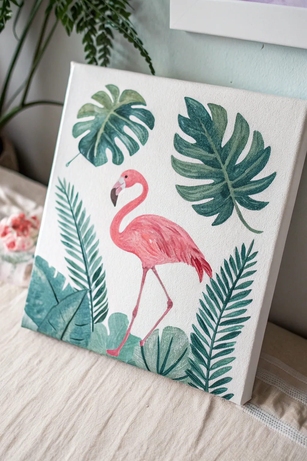 Bright pink flamingo canvas with bold tropical leaves, a modern kid-friendly painting idea.