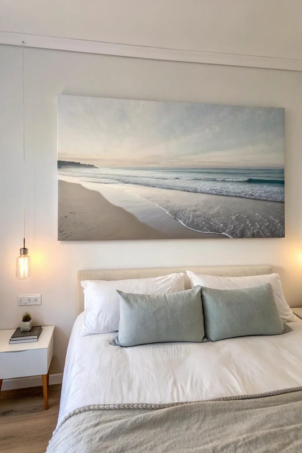 Quiet beach horizon canvas for bedroom calm, soft neutrals, warm lamplight, visible brushwork.
