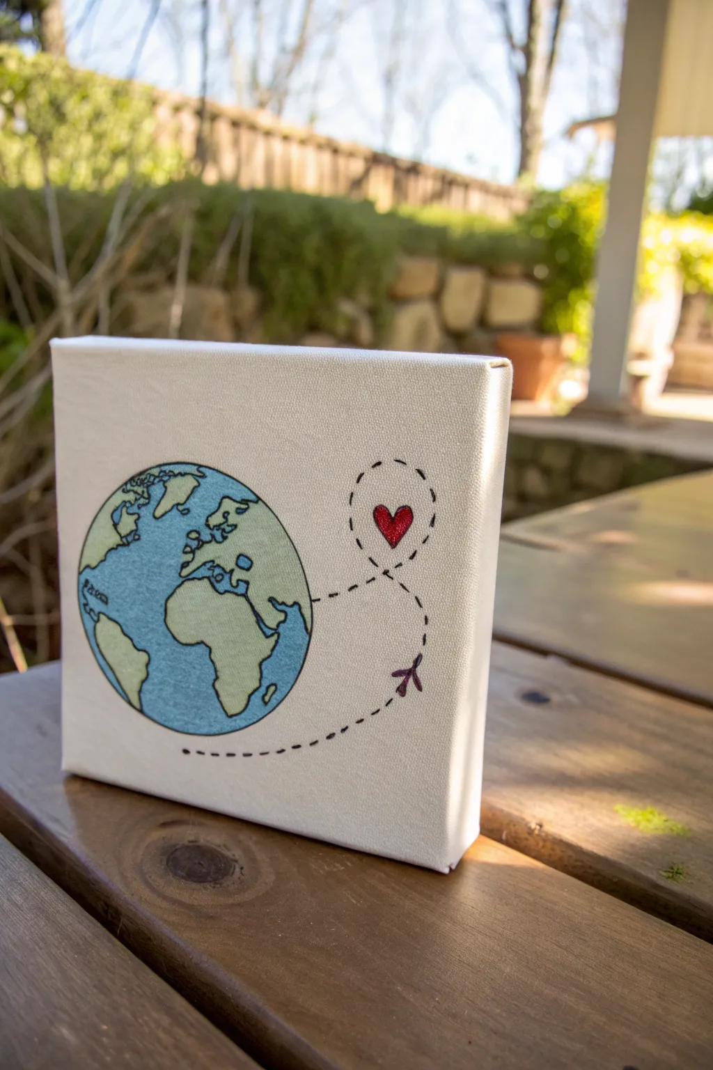 Minimal globe canvas with a heart pin, a calming and meaningful painting idea for teachers