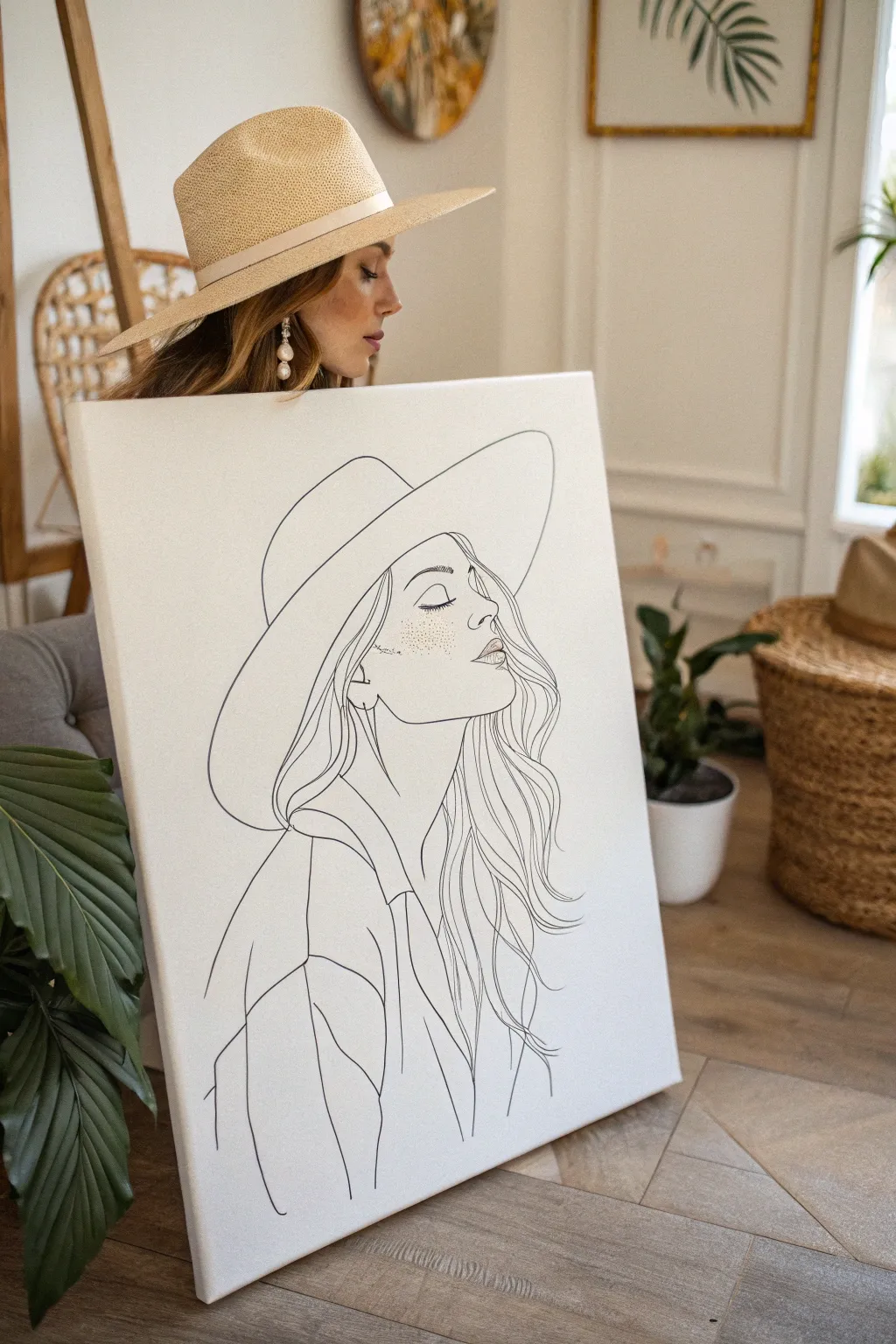 Faceless hat portrait sketch with flowing hair lines for a chic minimal boho canvas idea