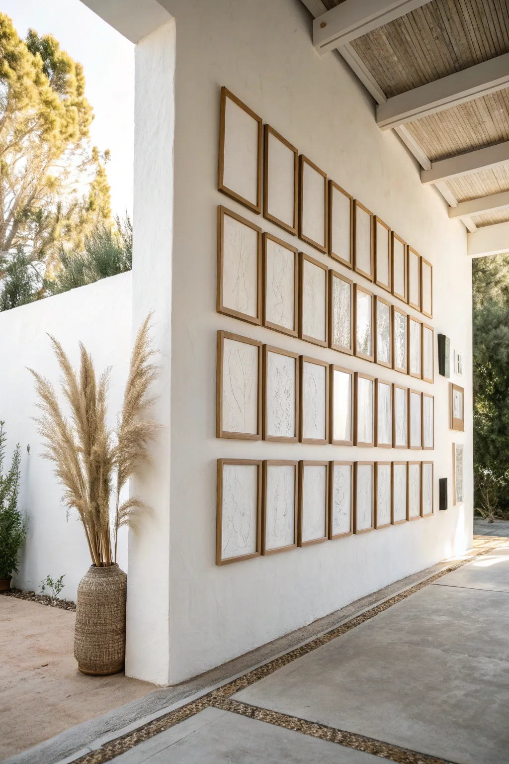 Minimal canvas-only gallery wall in mixed sizes, clean grid layout, warm neutrals, soft boho texture