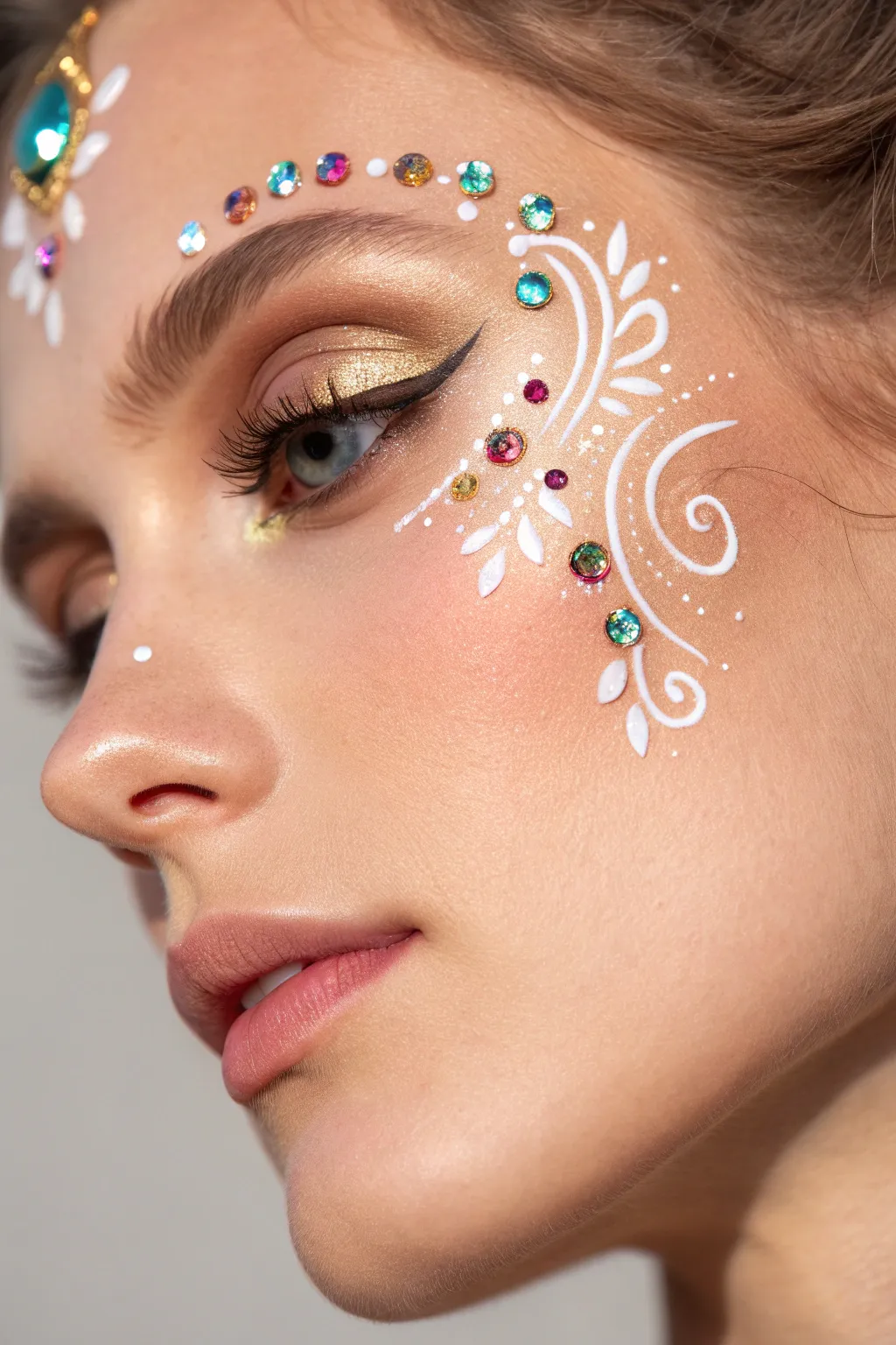 Elevate your simple face paint designs with sparkling gems and chunky glitter.