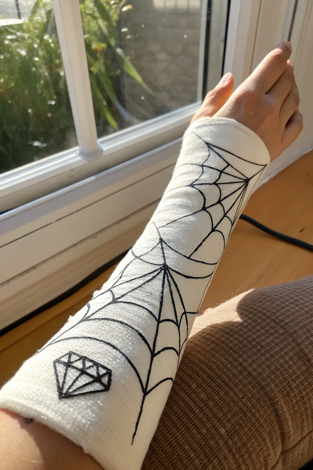 Minimalist cast art: bold webbing lines and a simple emblem for a subtle superhero vibe.