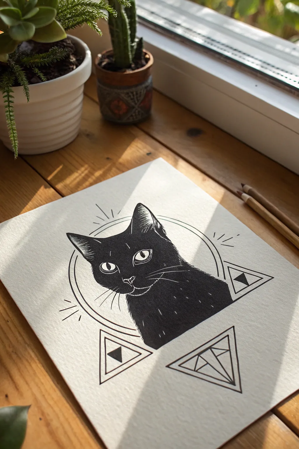 Bold black cat doodle in simple shapes, bright eyes and clean lines for minimalist sketching