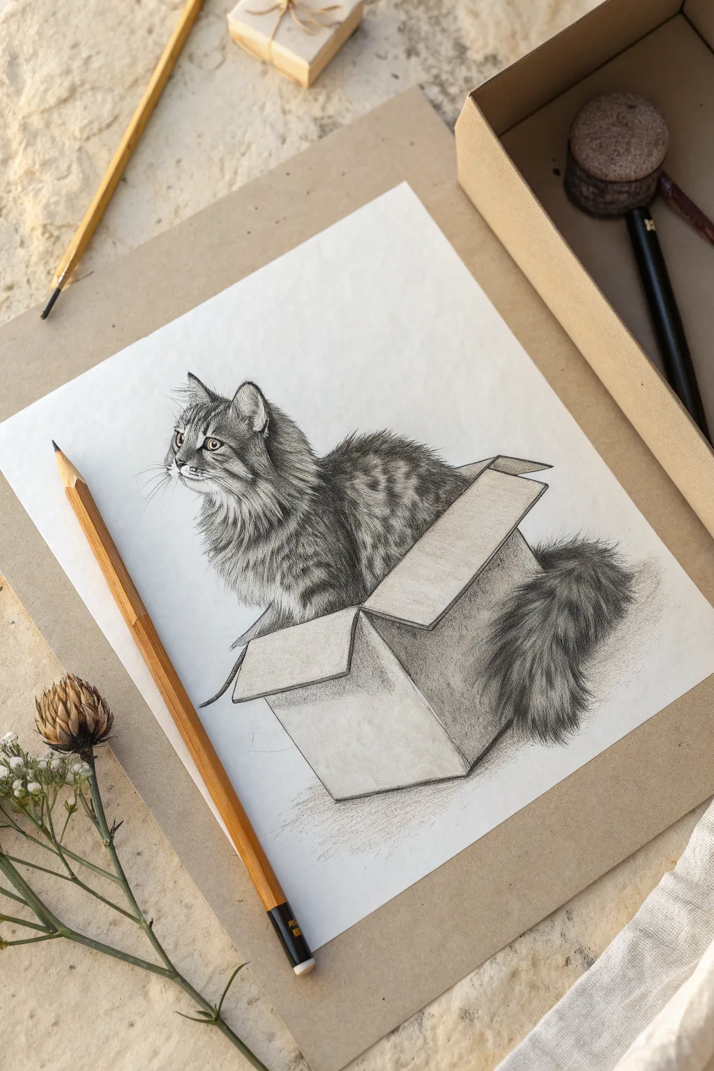 Capture the charm of your feline friend with this cozy and humorous sketch idea.