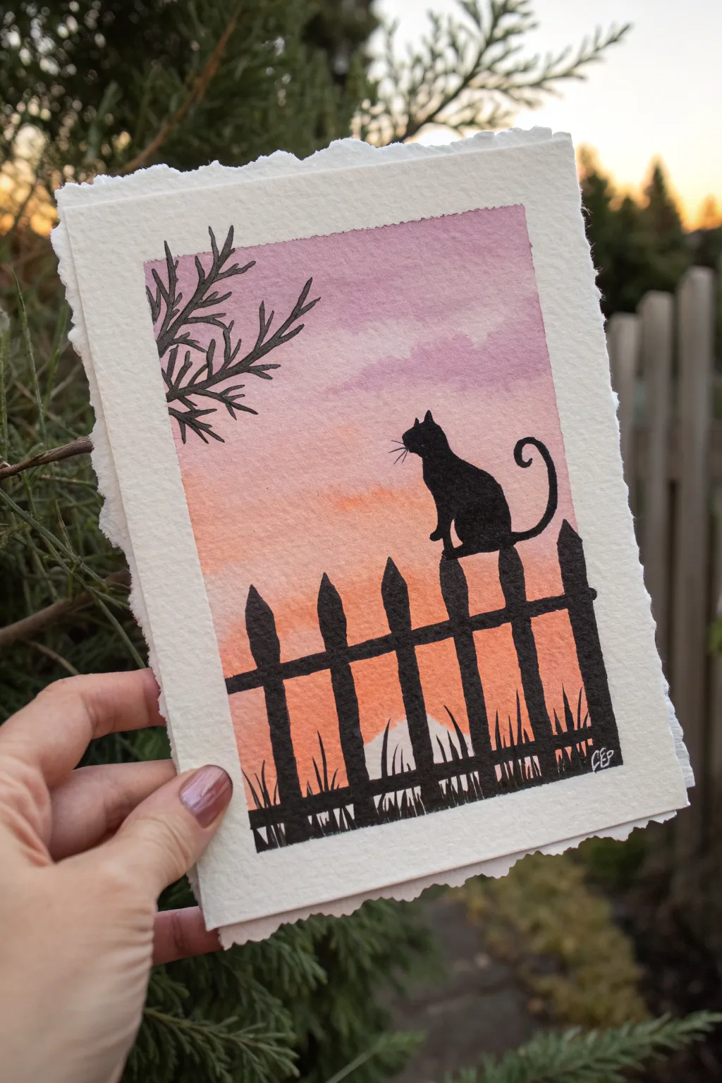 Minimalist cat silhouette with a curled tail perched on fence slats against a warm sunset wash.