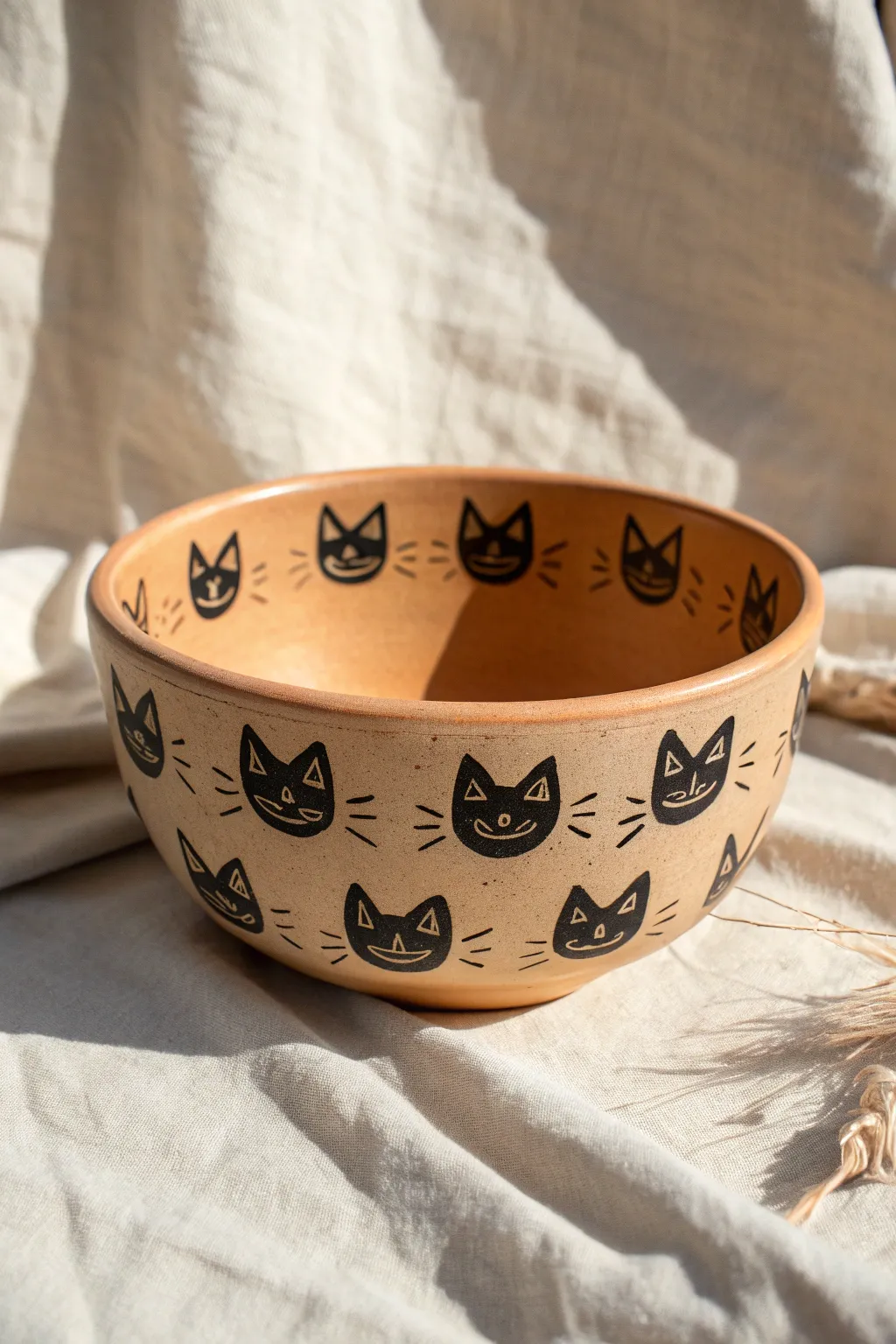 Terra-cotta bowl with tiny cat faces in a repeating pattern, minimal, cozy, high-contrast.
