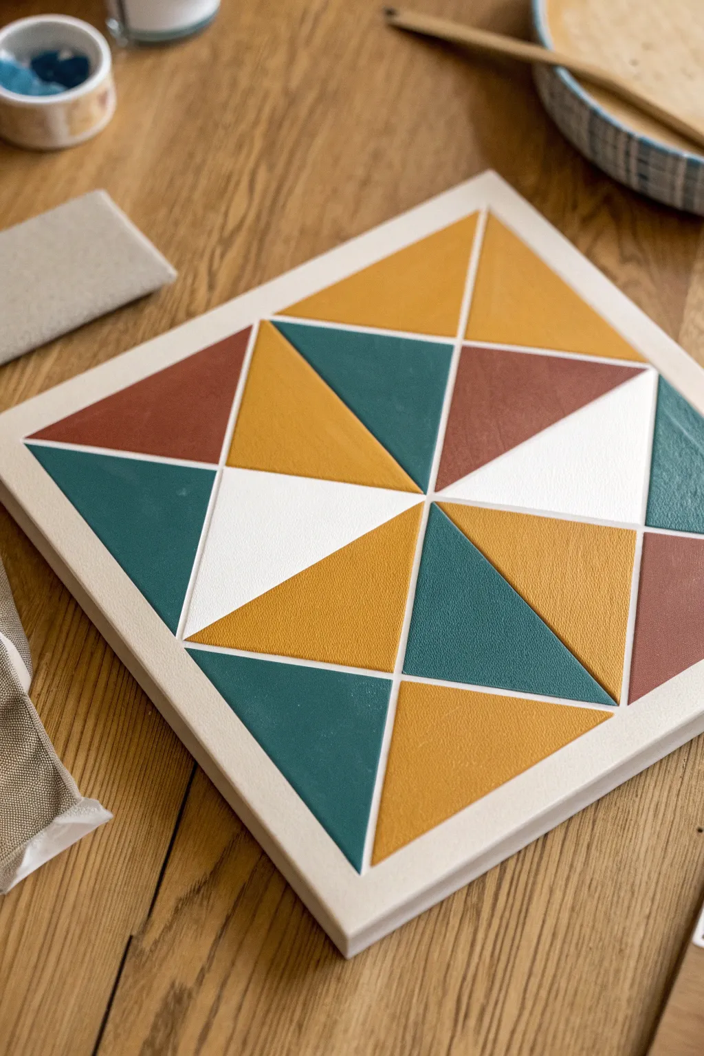 Geometric color-block ceiling tile with crisp taped edges and bold matte hues for modern style.