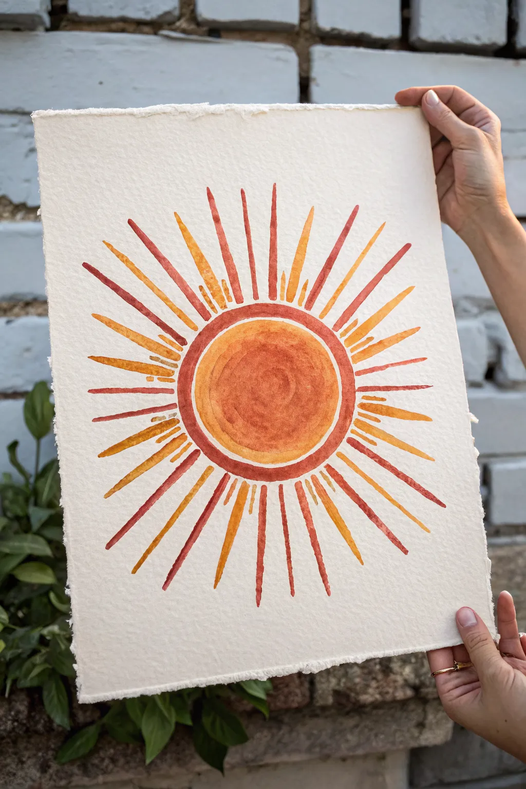 Warm sunburst rays in terracotta and gold, minimalist boho celestial painting inspiration