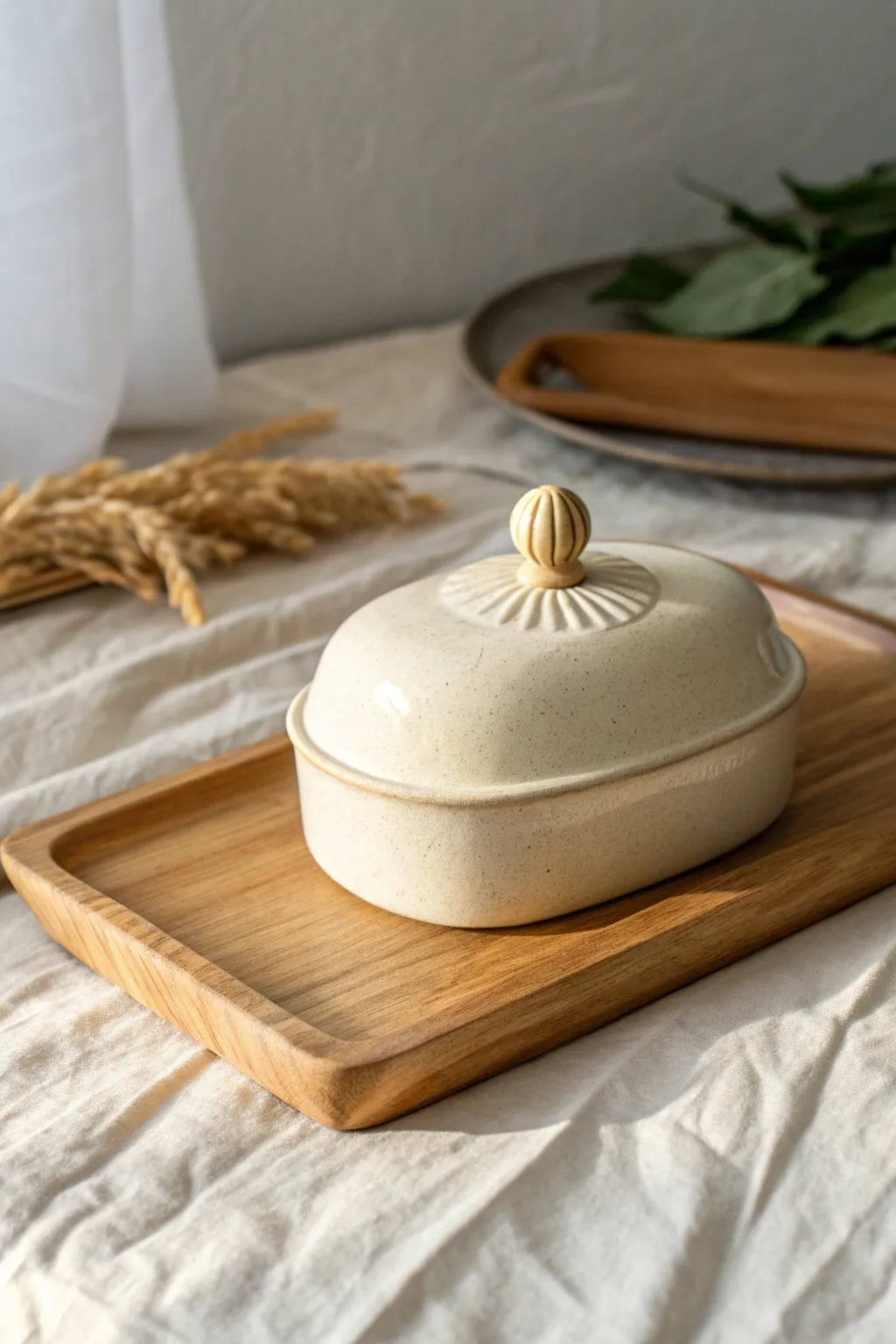 Handmade ceramic butter dish with a sculpted botanical knob in soft morning light