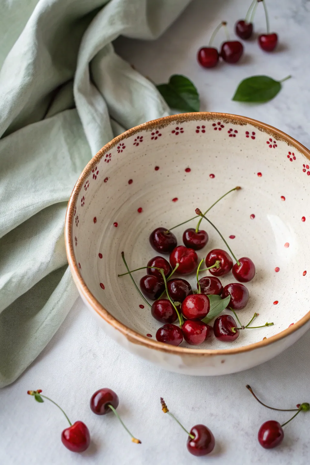 Sweet scattered cherries: a minimalist bowl interior design with boho charm and bold contrast
