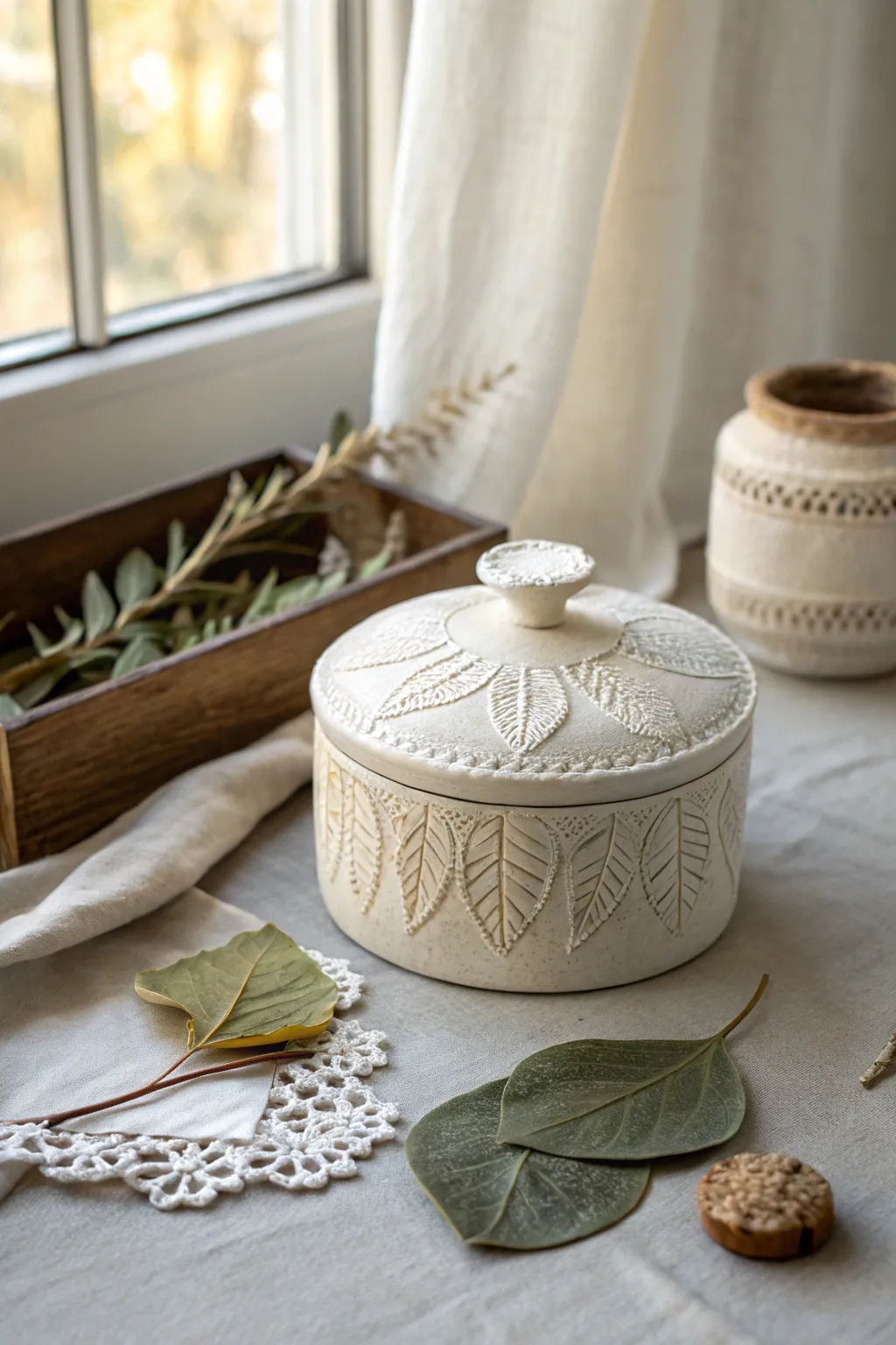 Leather hard ceramic box with leaf and lace stamps, minimalist studio mood for boho makers