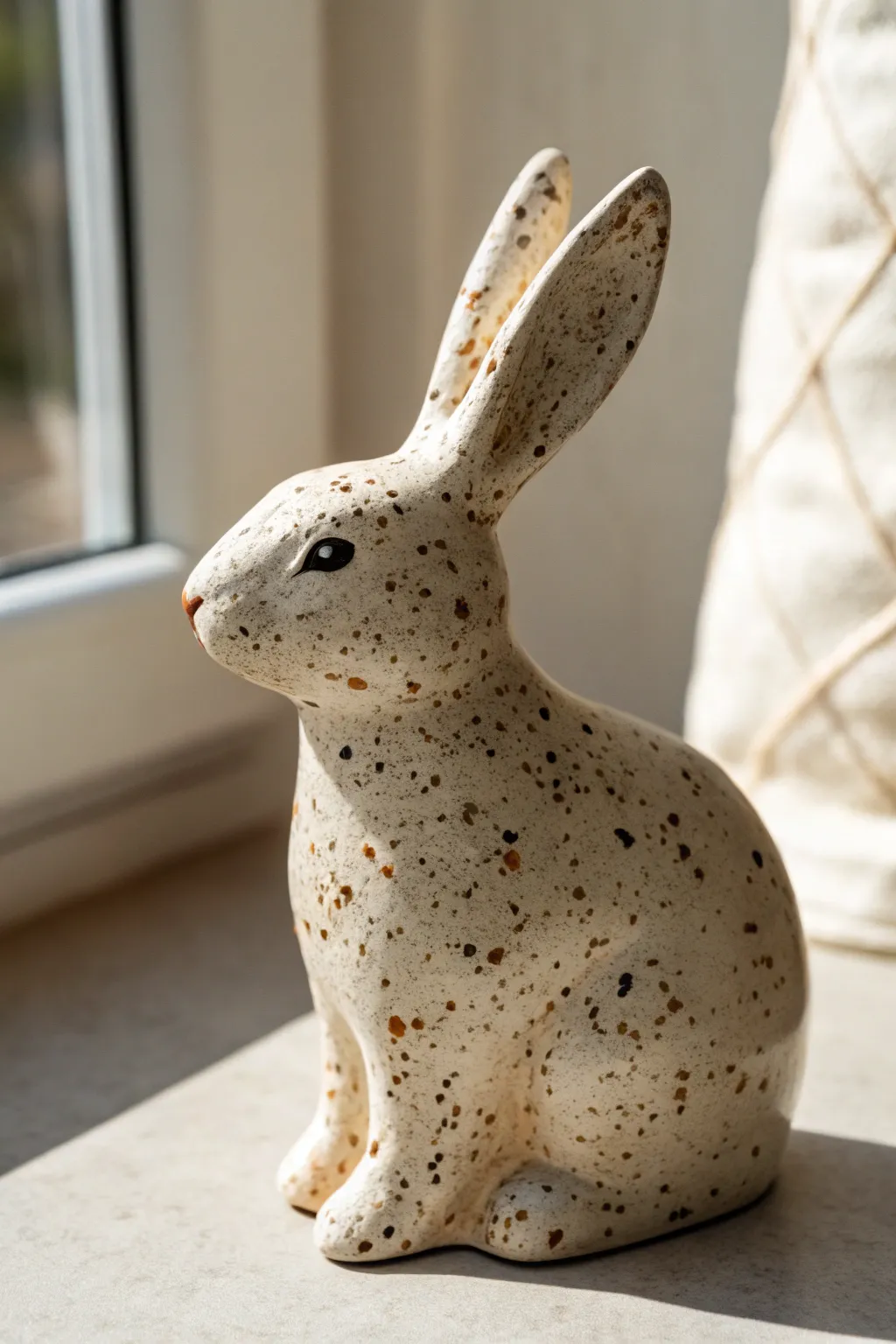 Cream speckled ceramic bunny close-up with artisan glaze texture, calm minimalist boho vibe.