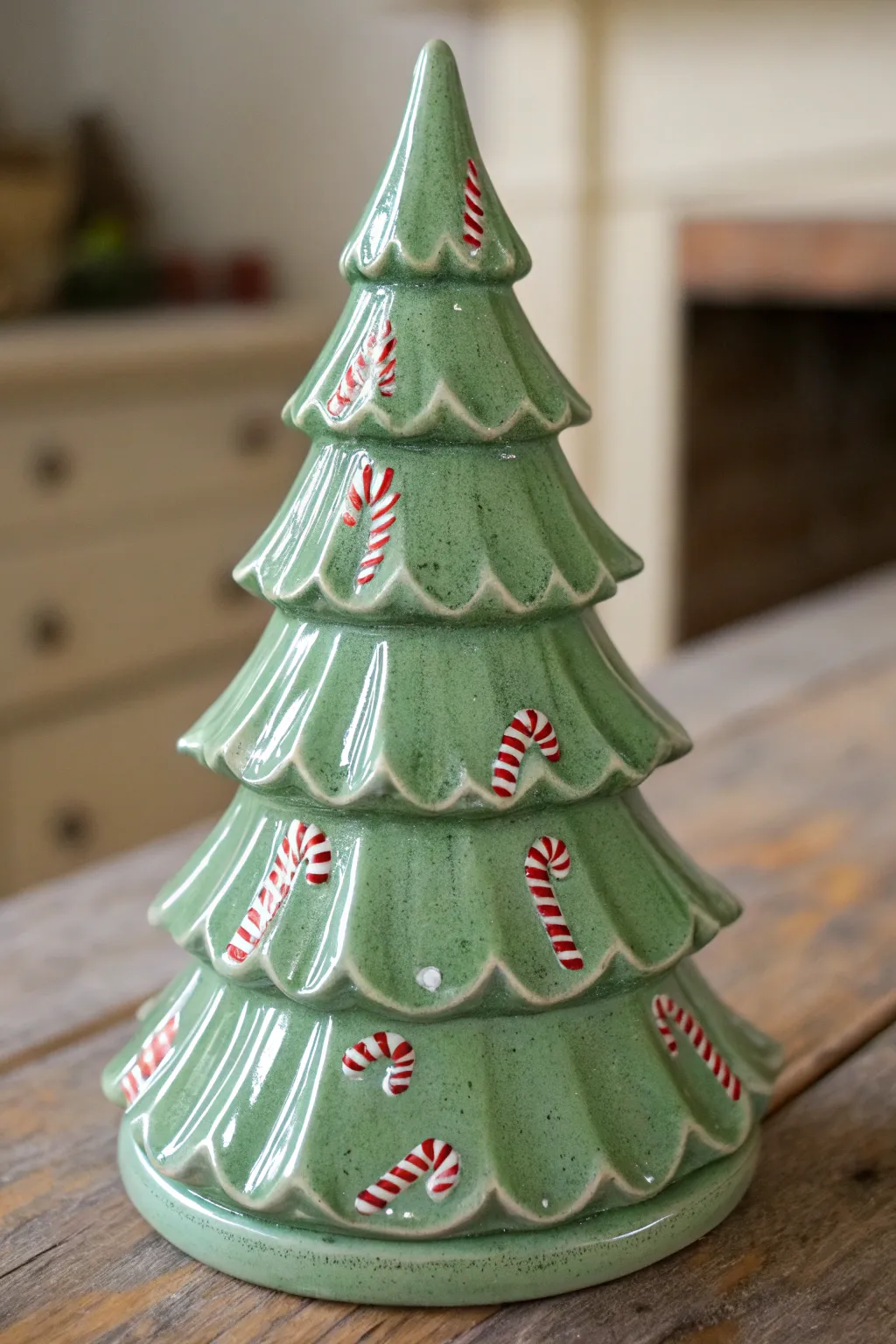 Sage ceramic Christmas tree with candy cane stripe accents for a minimal Scandinavian look