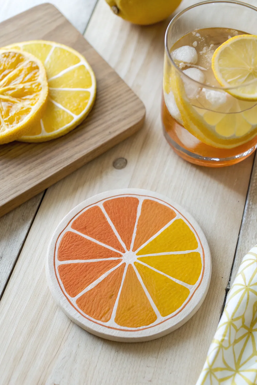 Citrus slice medallion coaster painting: bright, sunny rounds with minimalist boho styling