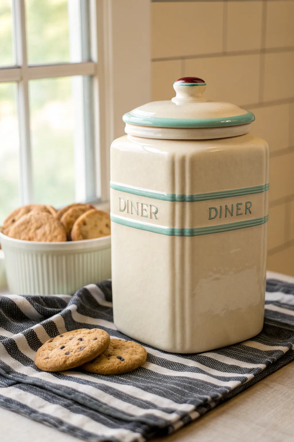 Badge-shaped ceramic cookie jar on checkered linen, minimalist Scandinavian boho with retro contrast
