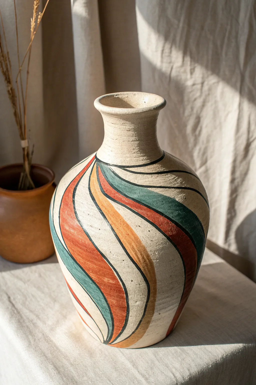 Bold brushstrokes transform a simple ceramic vase into a modern statement piece.