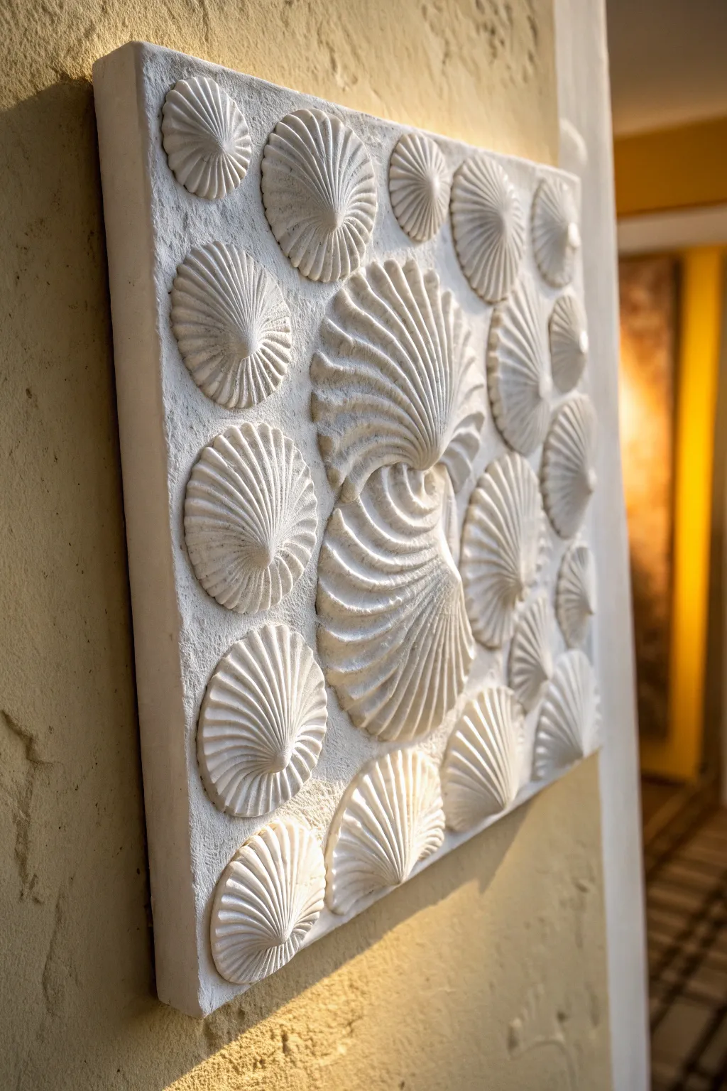 Matte porcelain wall relief in raking light, revealing ripples and dimples in calm monochrome.