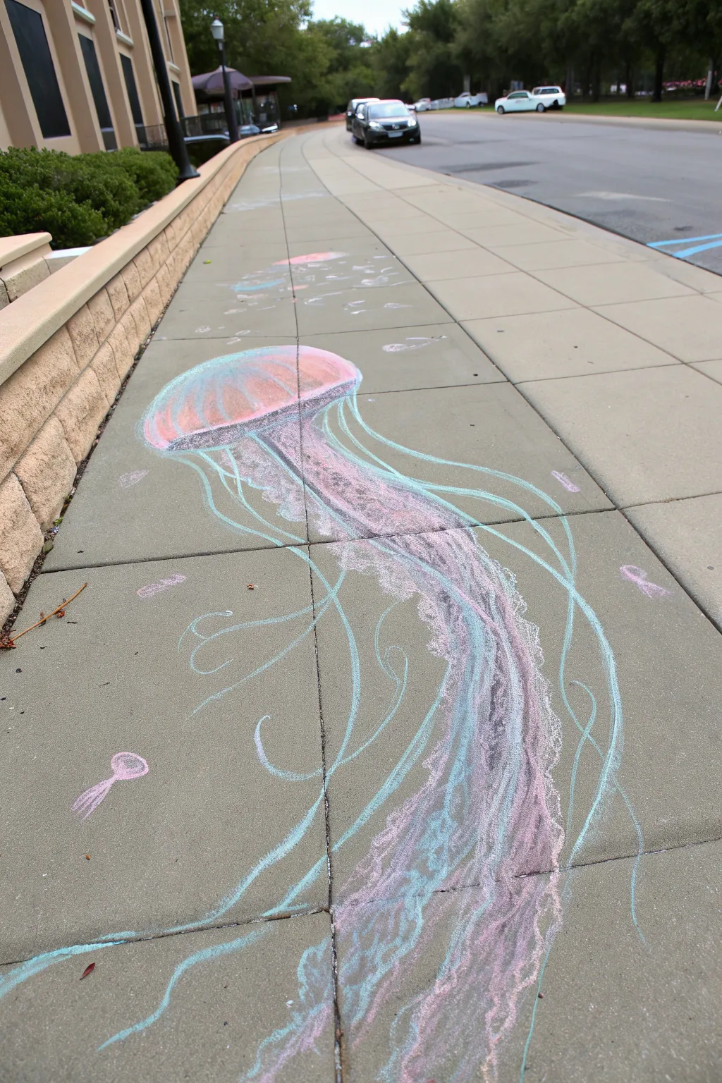 Dreamy chalk jellyfish floating in a calm blue sea, minimalist and boho with soft pastel contrast