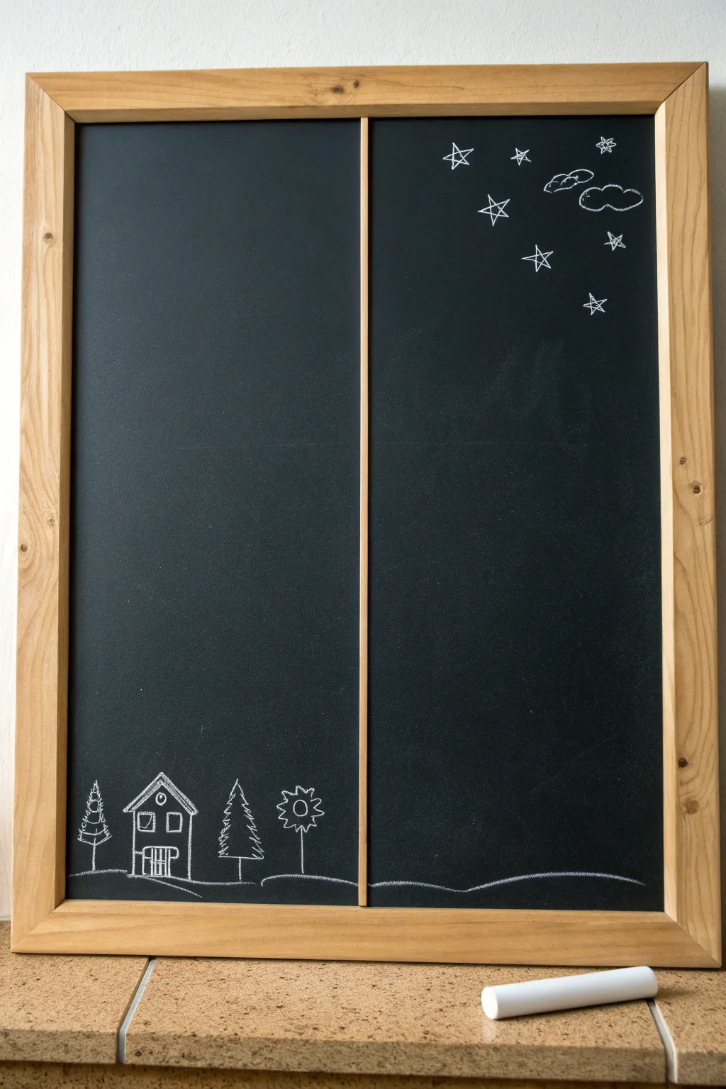 Minimalist chalkboard with a starter house doodle and plenty of blank space for new prompts