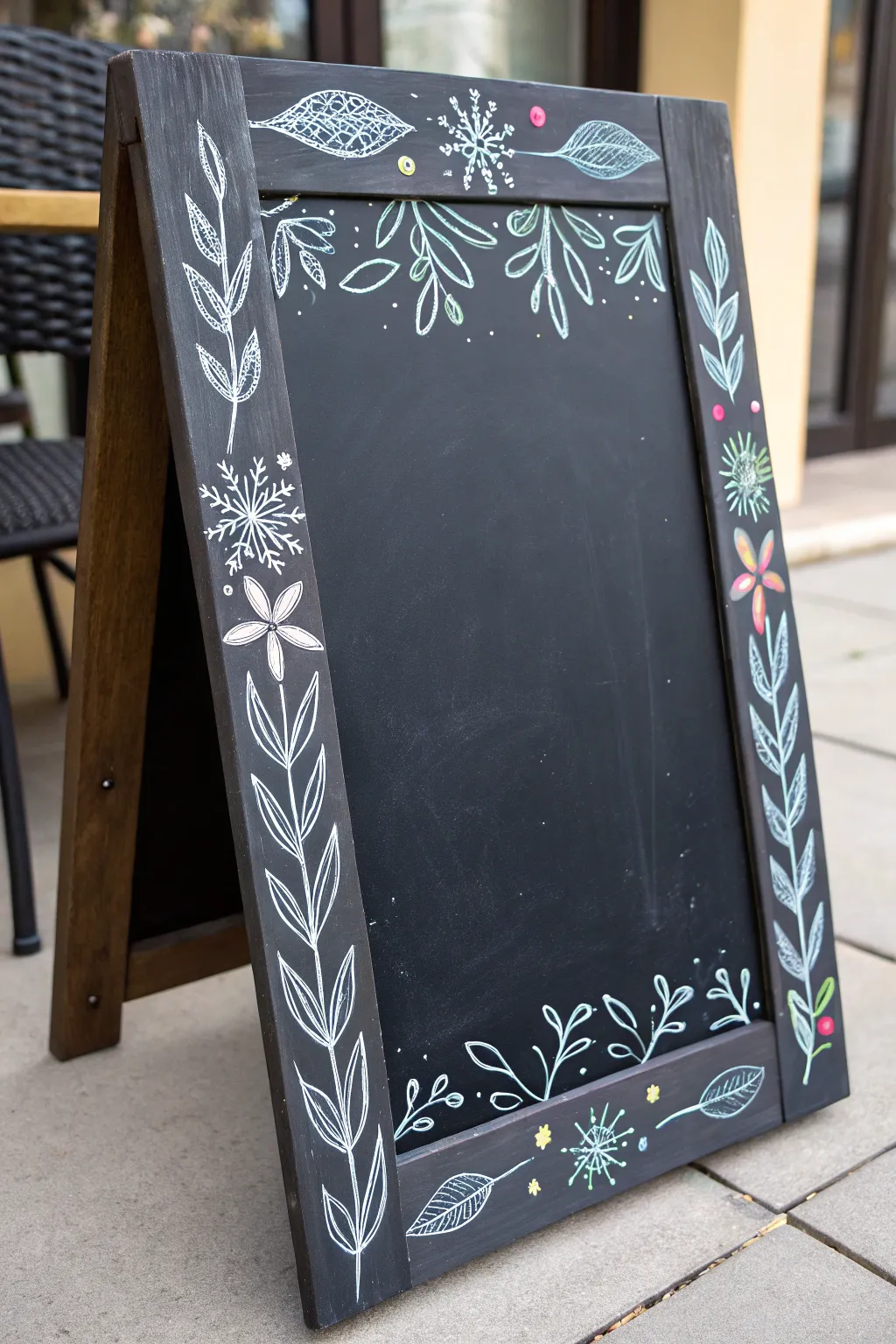 Seasonal chalk marker doodles on a sleek chalkboard, designed to erase, refresh, and reuse.