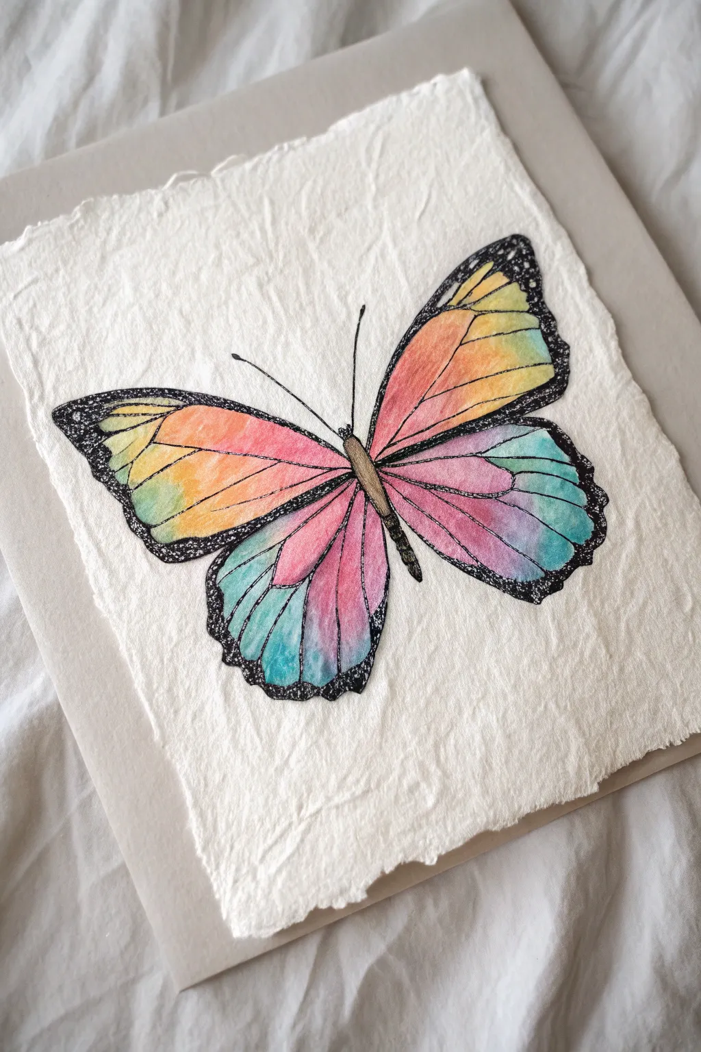 Symmetrical butterfly blend with crisp dark outlines and bright chalk pastel gradients, clean and dreamy