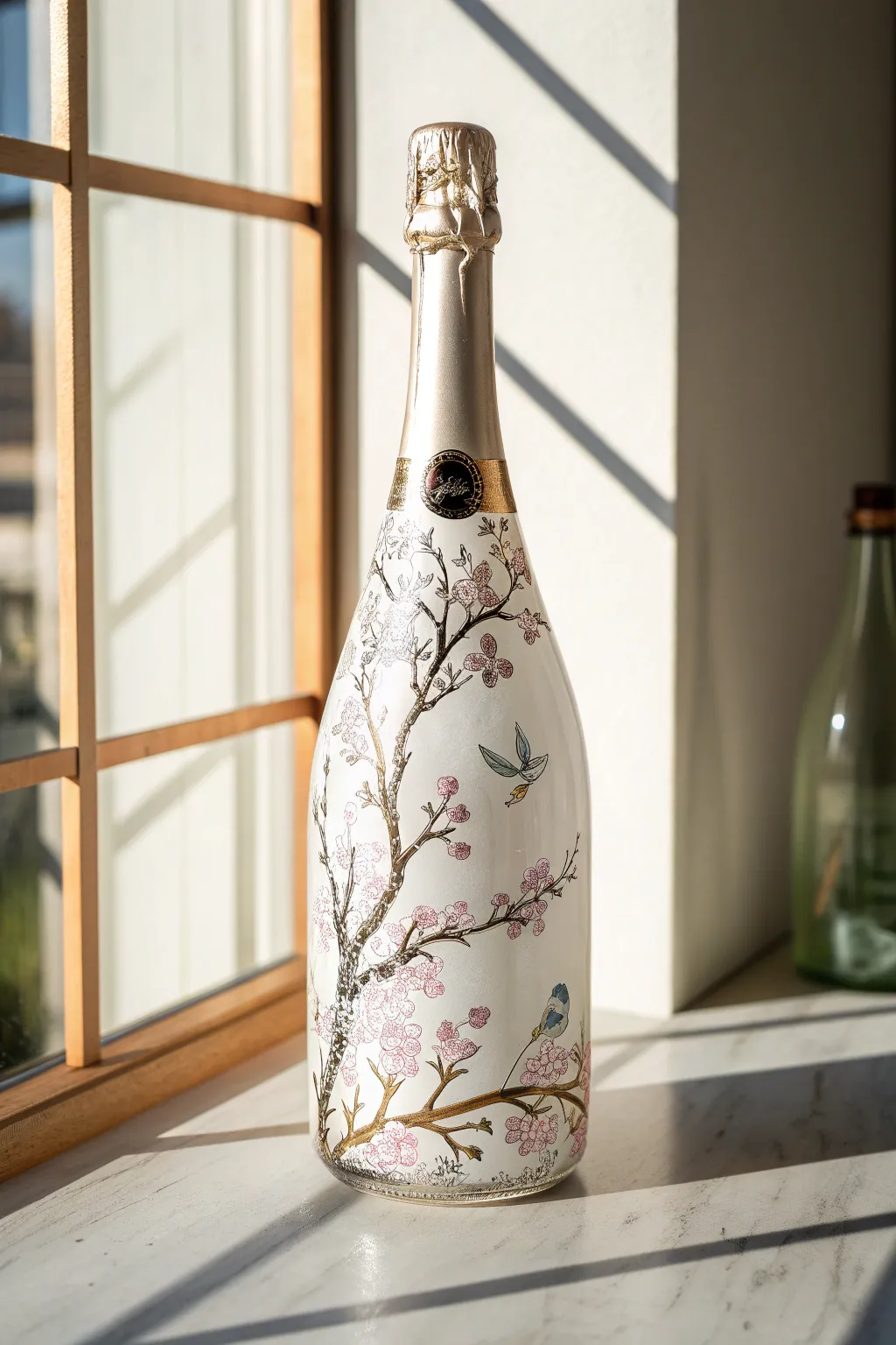 Chinoiserie blossoms and tiny birds on a champagne bottle, crisp side light and airy contrast
