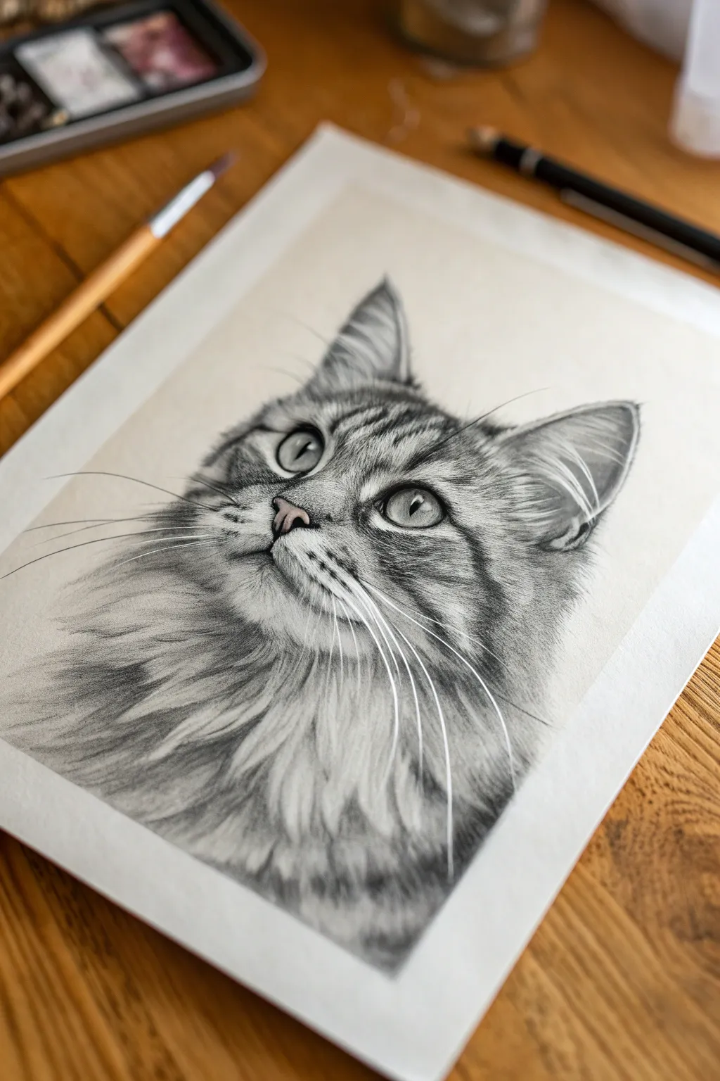 Minimalist charcoal pet portrait: rich fur texture, soft smudging depth, and crisp whiskers in focus