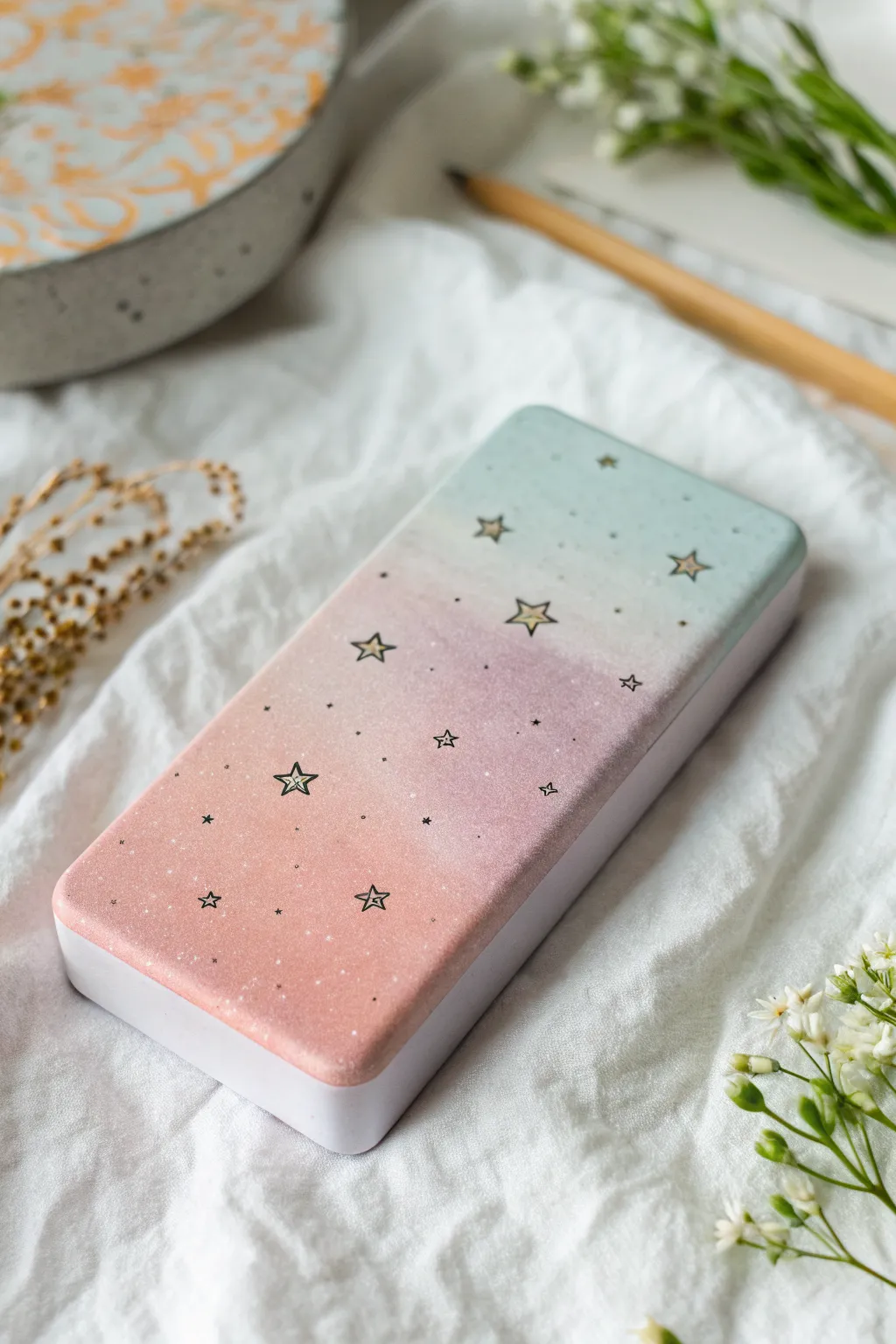 Soft pastel ombré charger brick drawing idea with tiny star accents for a calm, modern vibe