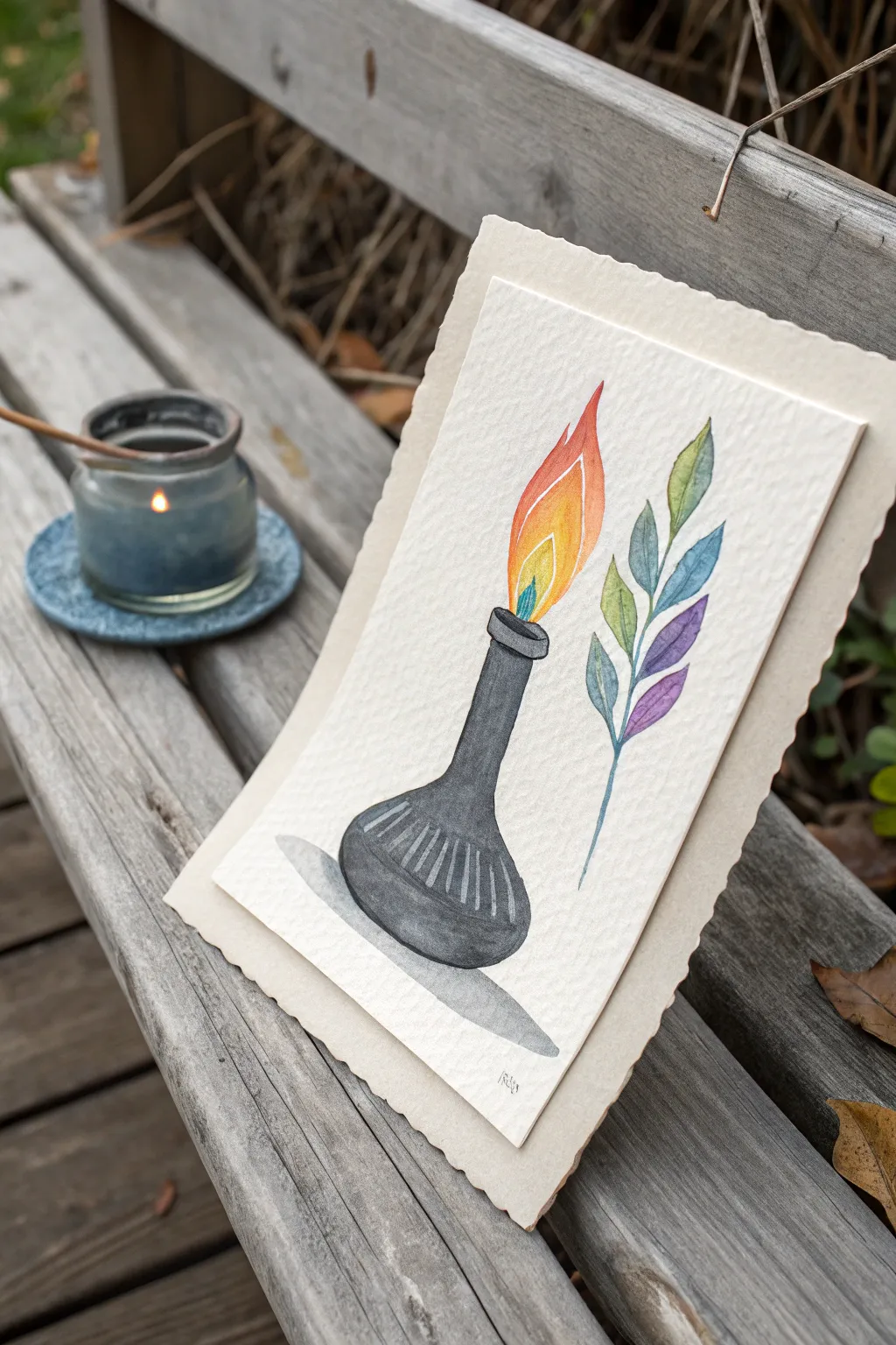 Paint a Bunsen burner flame color study, blending cool blues into hot yellows with clean lines.