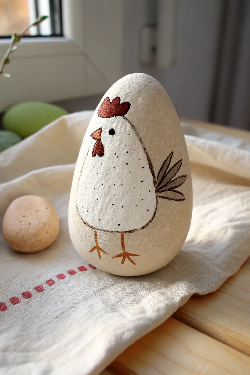 Paint an upright chicken rock with simple feet and clean Nordic-boho vibes for easy DIY decor.