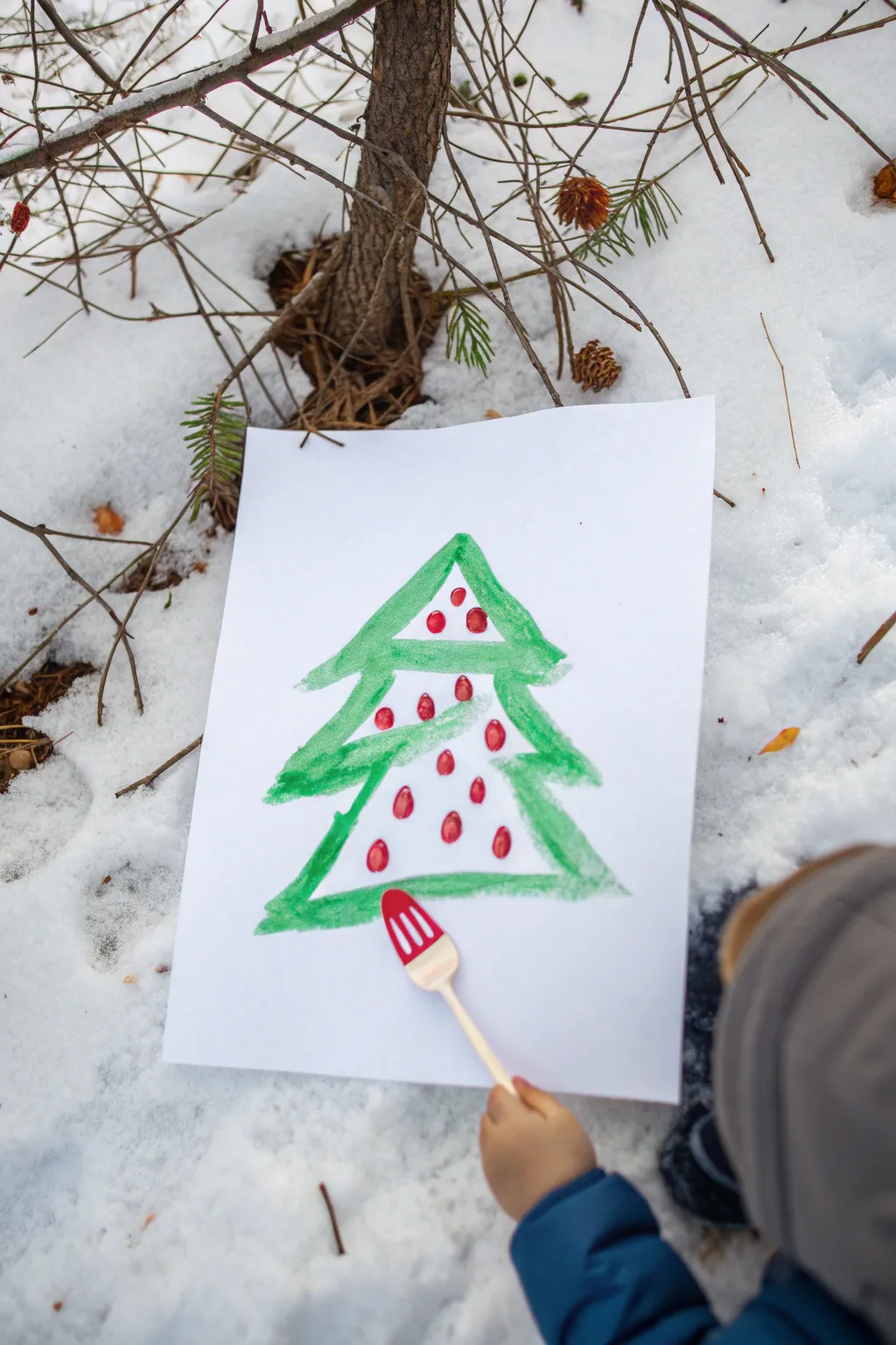 Fork-painted pine tree texture: simple kids Christmas art with green strokes, red ornaments, snowy ground