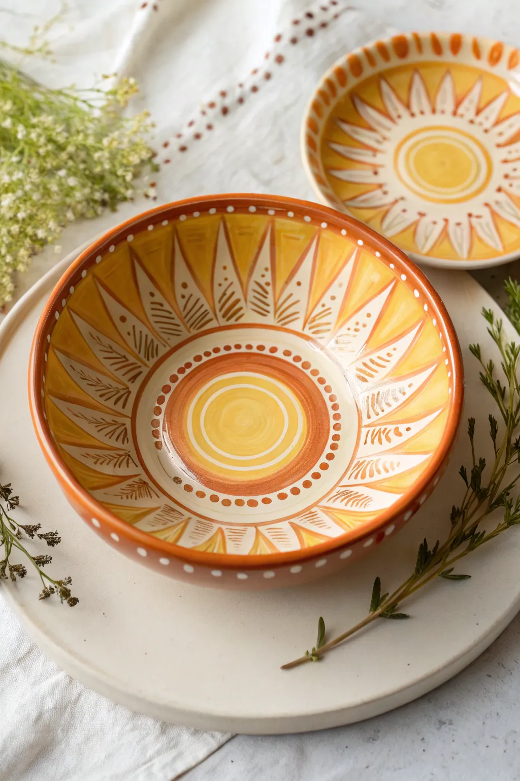 Sunburst chip and dip bowl design with warm golden rays glowing toward the center dip