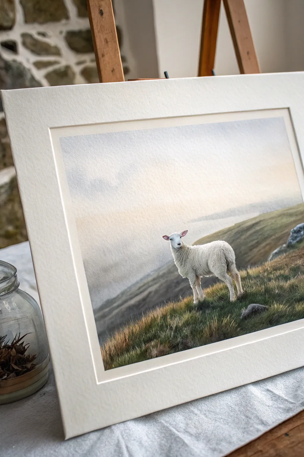 Minimalist lost sheep painting idea: bright lamb in a calm dusk hillside with soft atmospheric fade