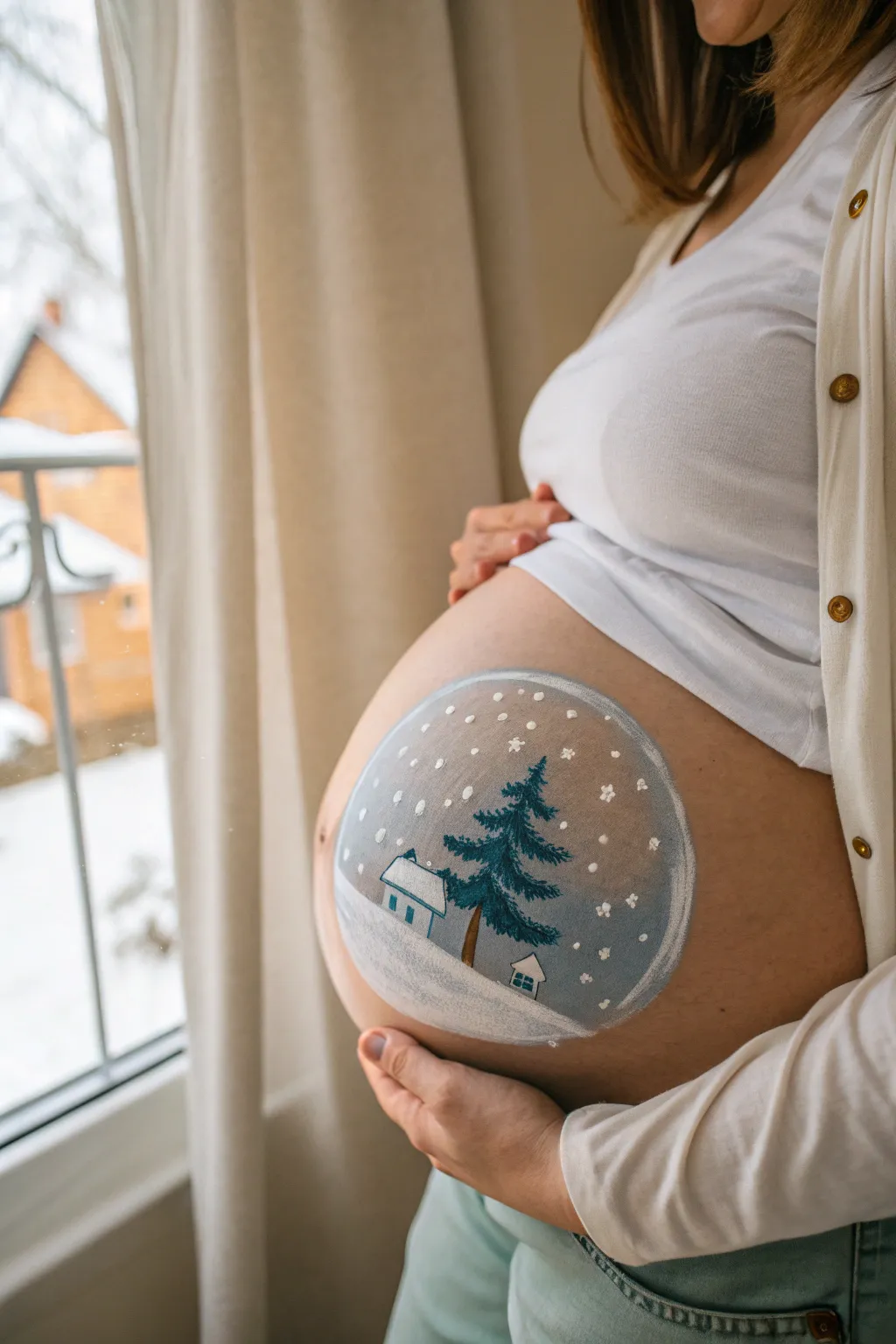 Minimalist snow globe belly painting: tiny cabin, snowfall, and cozy Nordic winter vibes