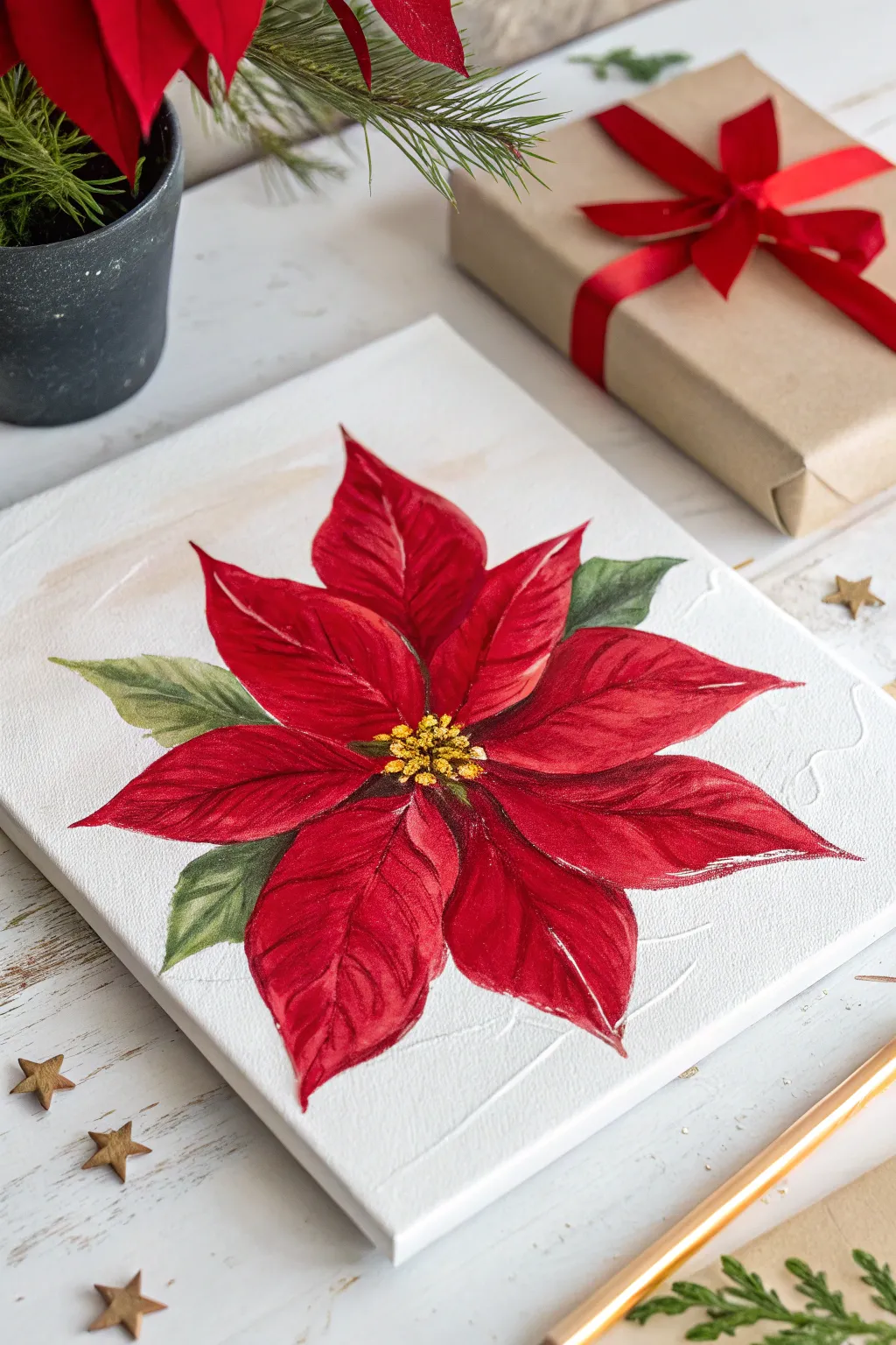 Bring festive warmth to your home with this bold and beautiful red poinsettia canvas painting idea.
