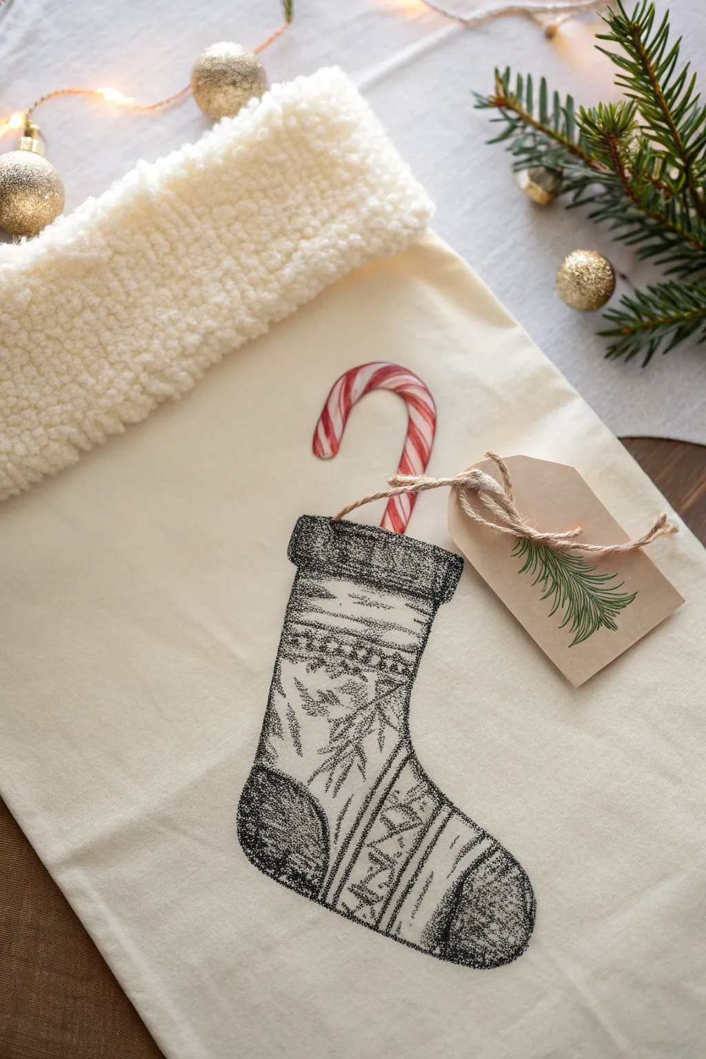 Cozy Christmas stocking drawing idea with chunky shapes and simple goodies for easy coloring.
