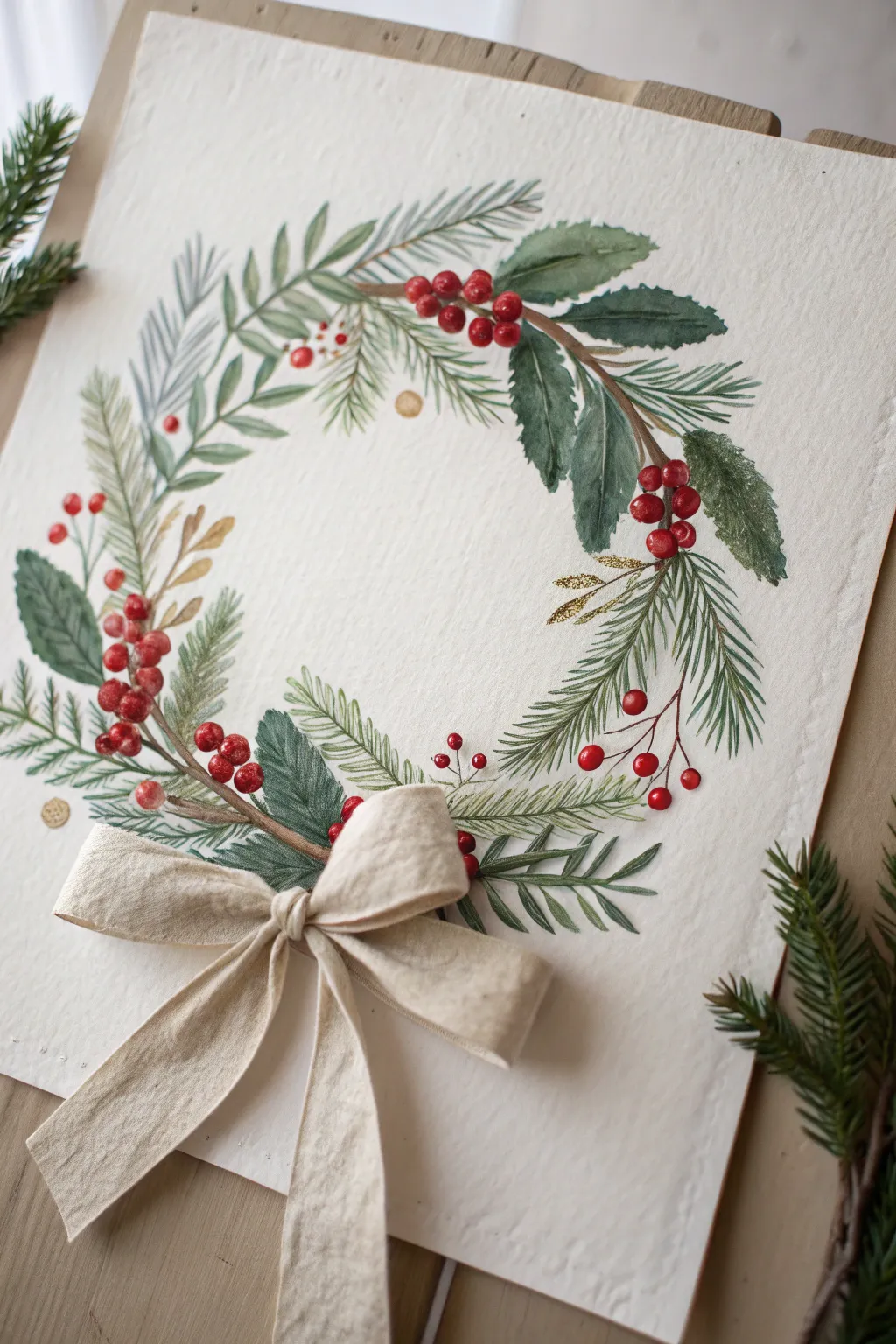 Minimalist Christmas wreath with pine and berries, perfect for cozy festive drawing practice