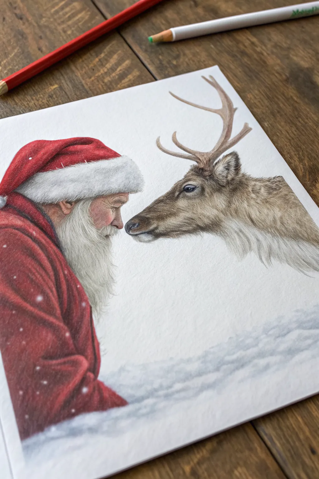 Realistic Santa and reindeer nose-to-nose drawing idea with cozy textures and contrast