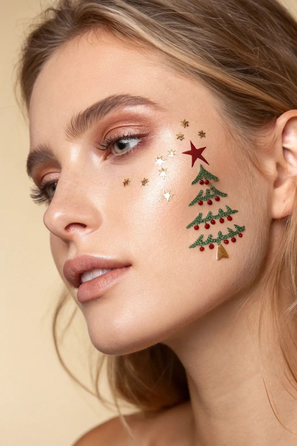 Minimal Christmas tree cheek paint with red-gold ornament dots and soft glitter glow.