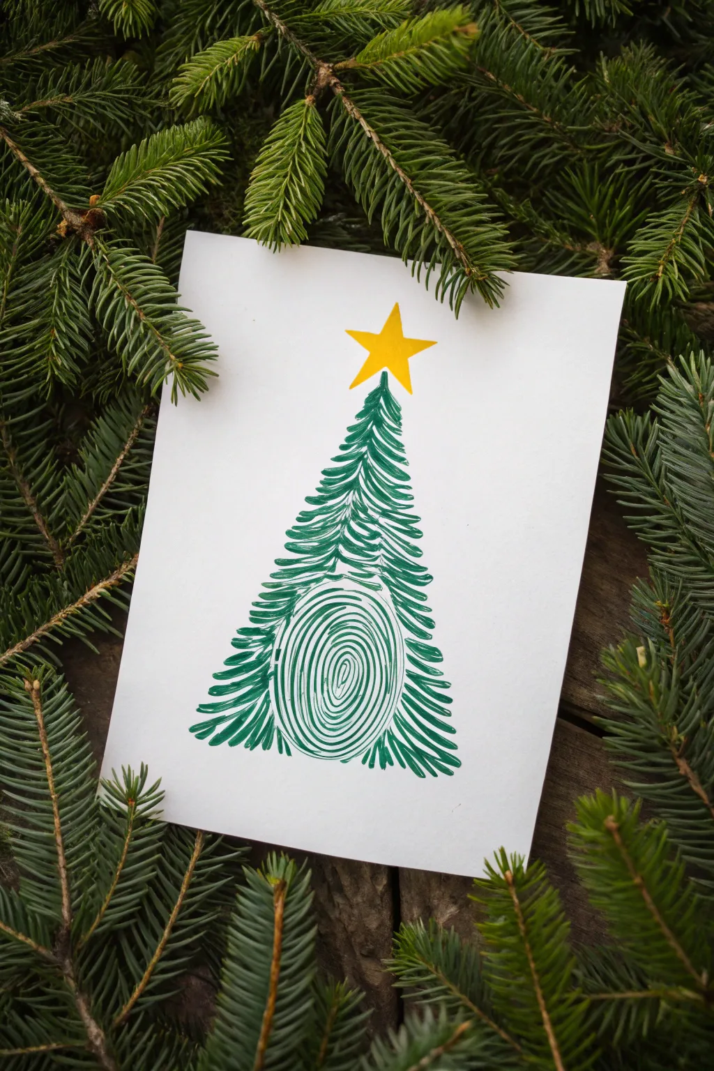 Bright yellow fingerprint starburst atop a green fingerprint tree on clean white paper