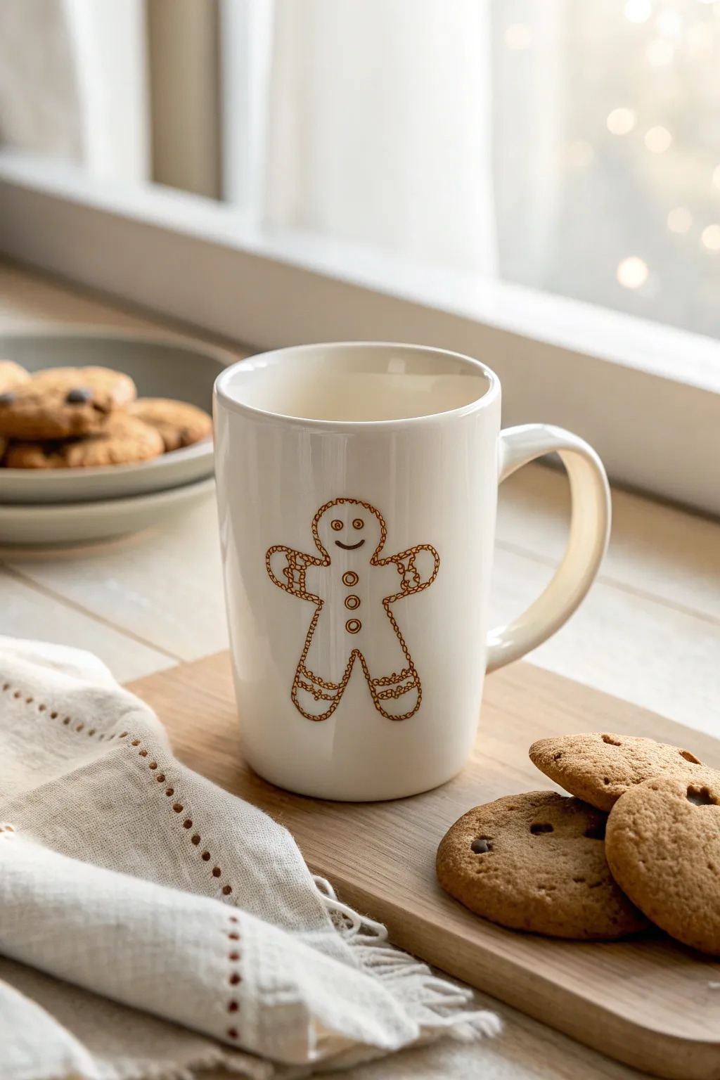 Gingerbread line art mug in matte white, styled with cookies for a cozy Nordic bake night.